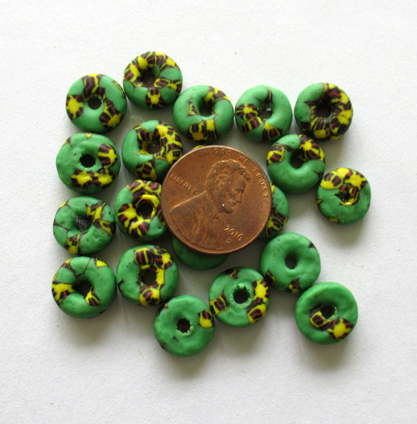 15 African recycled glass rondelle spacer beads - green yellow & black beads - 10 to 11mm by 3.5mm thick - big hole - rustic beads - 00241