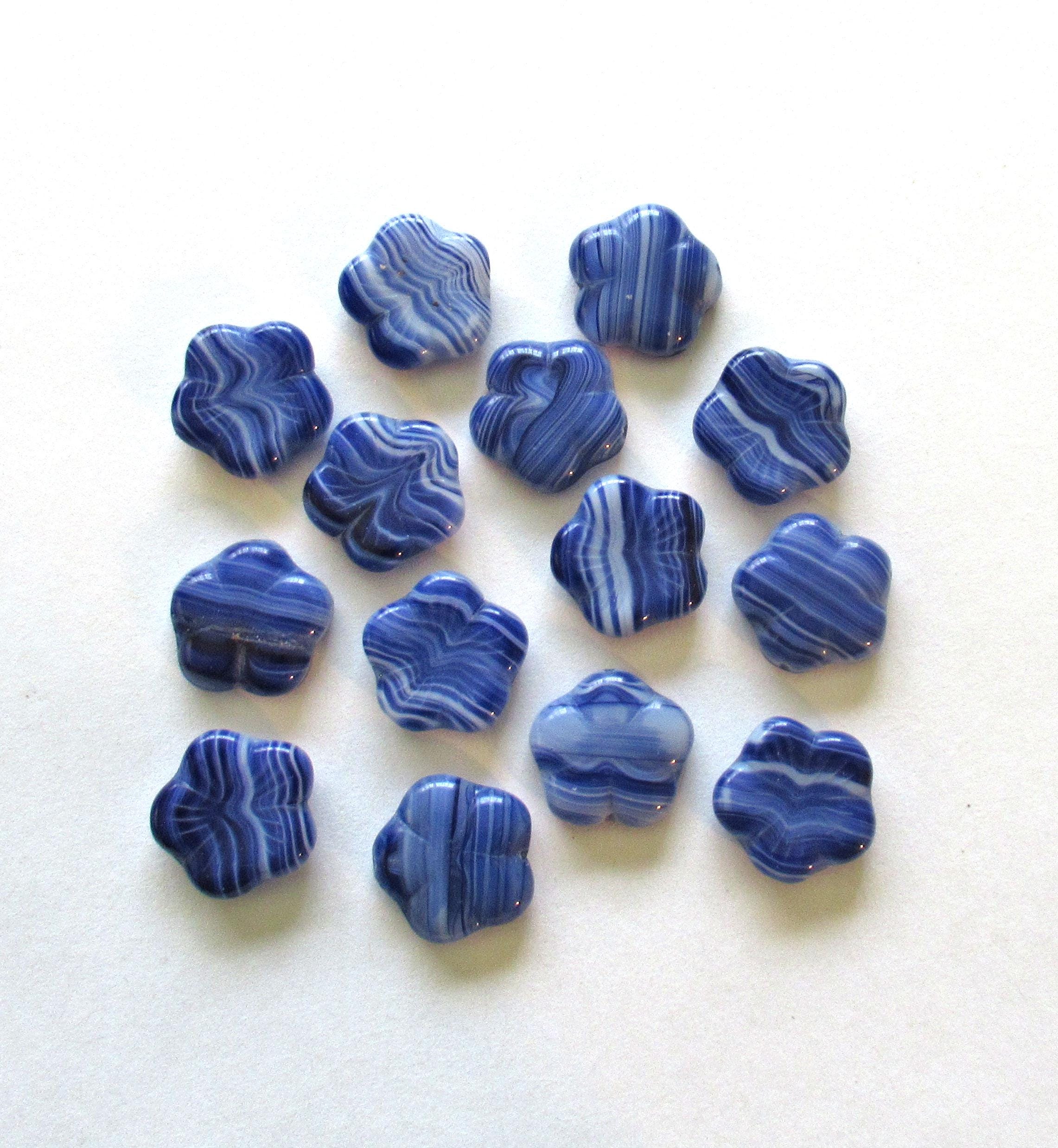 Ten 14mm Czech glass flower beads - opaque marbled dark blue & white beads - striped pressed floral beads - C0331