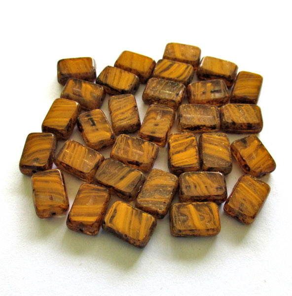 10 Czech glass rectangle beads - burnt orange & crystal clear striped picasso beads - 12 x 8mm - rustic rectangular table cut beads - C00621