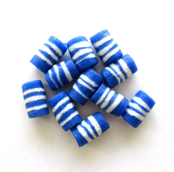 African Ghana Krobo glass tube beads - blue & white striped beads - 13 to 14mm X 8 to 9mm - big hole sandcast beads - six beads - C00021