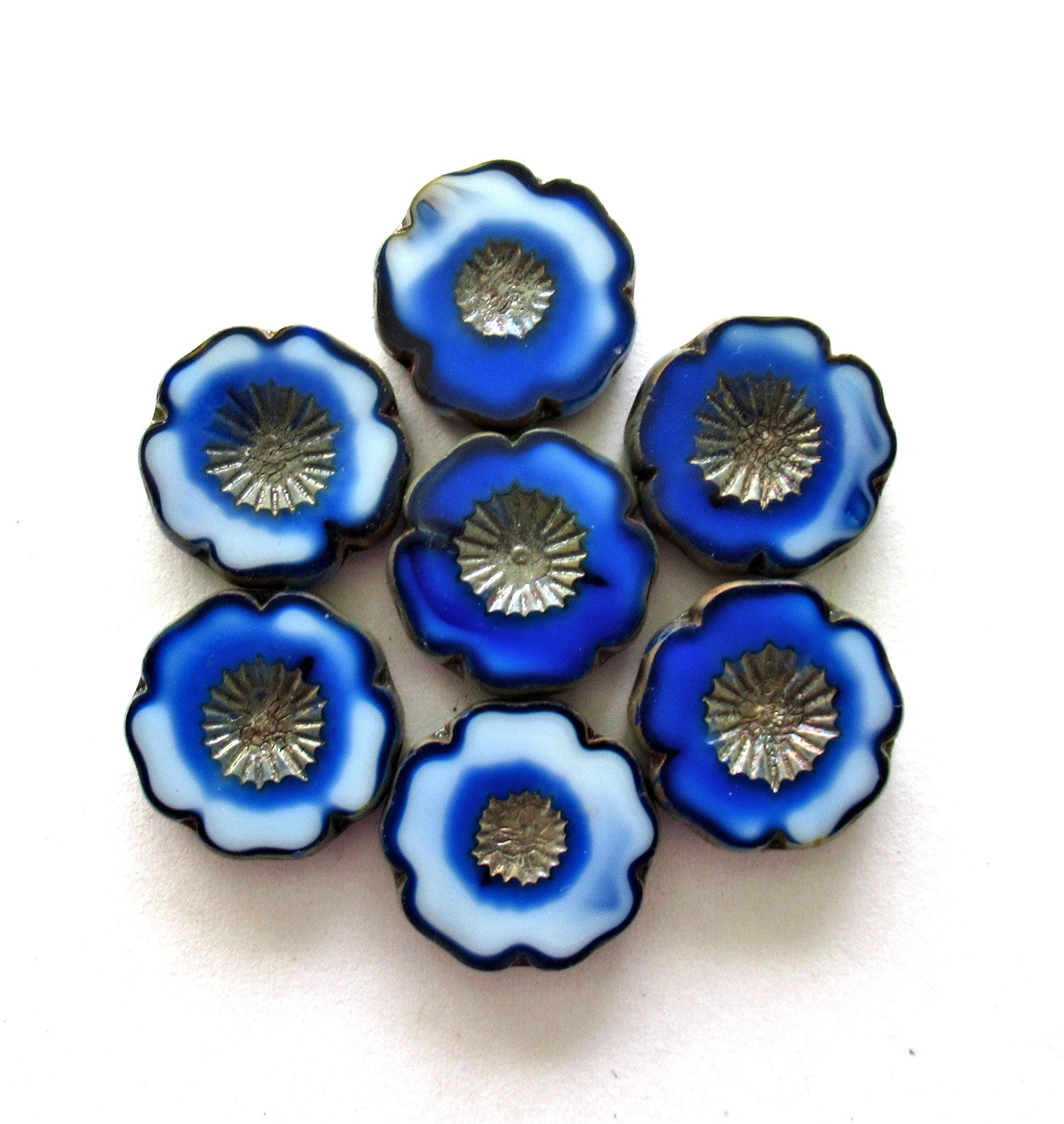 Six 16mm Czech glass flower beads opaque marbled blue white with silvery picasso accents Hawaiian hibiscus table cut flowers 00612 16mm