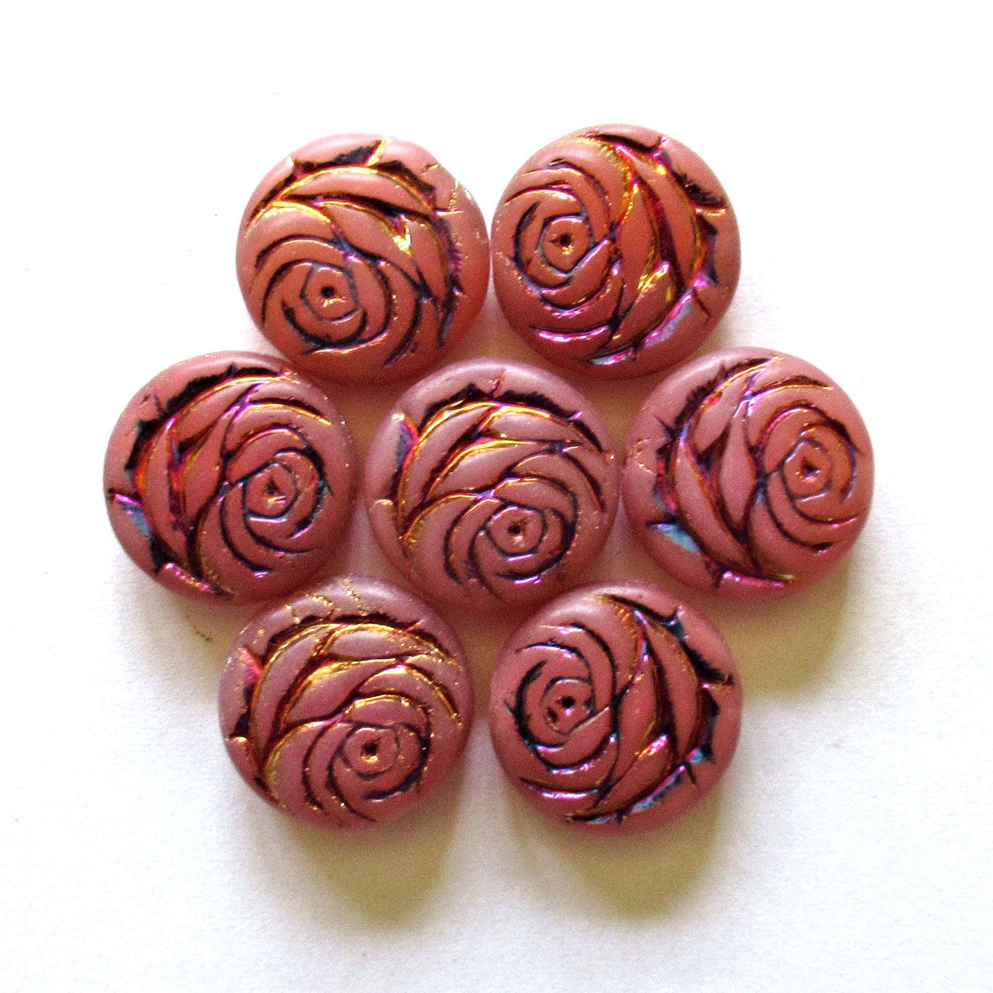 6 Czech glass flower coin beads - 17mm - milky pink - puffy pillow rose beads w/ a metallic wash - C00602 - Glorious Glass Beads