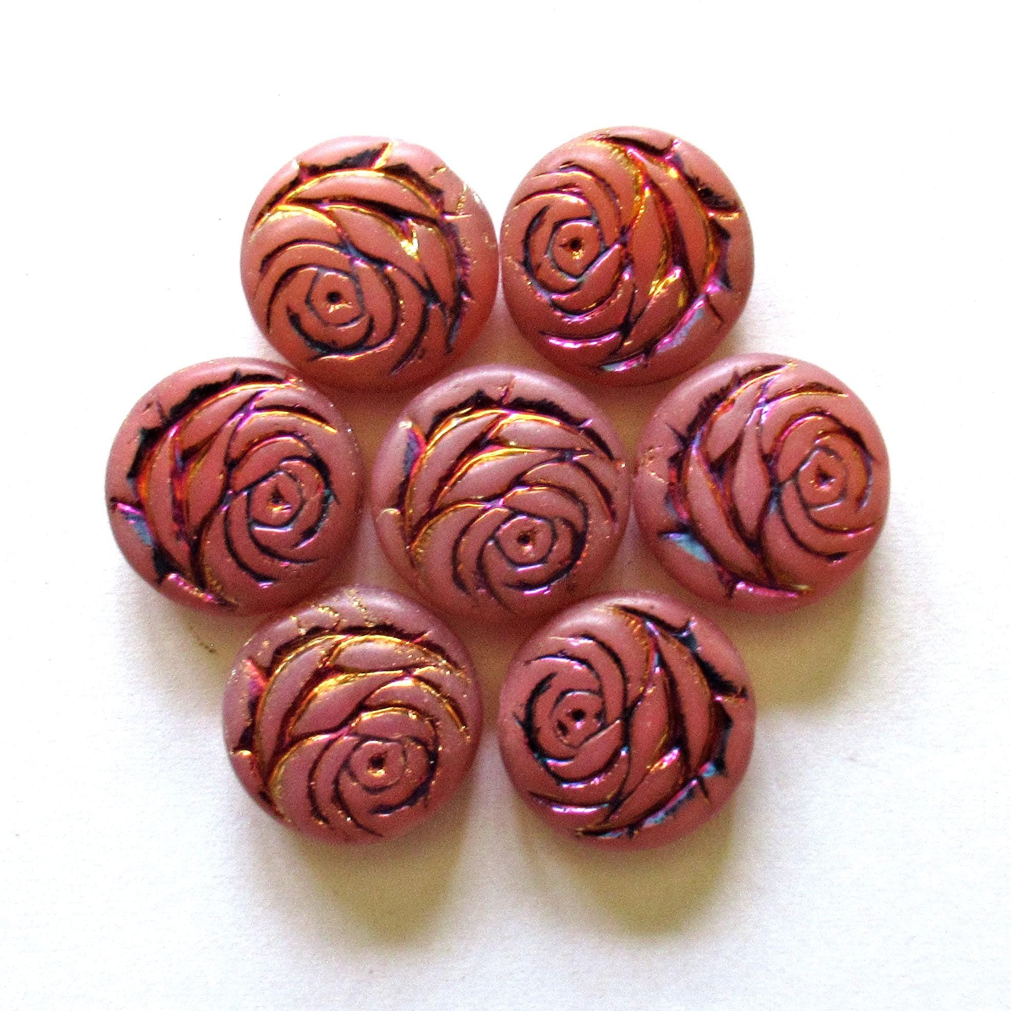 6 Czech glass flower coin beads - 17mm - milky pink - puffy pillow rose beads w/ a metallic wash - C00602