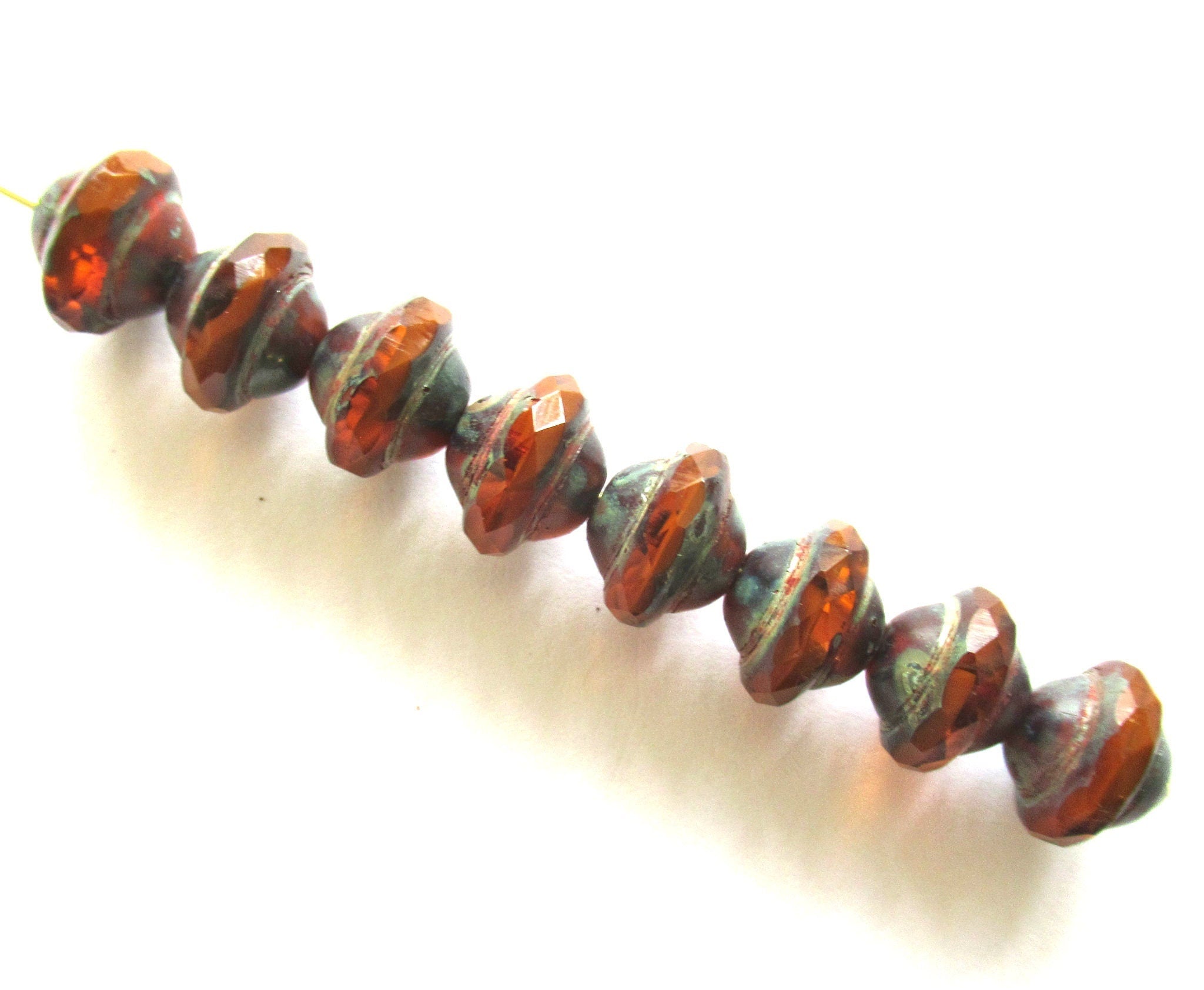 Czech glass faceted saturn or saucer beads - 8 x 10mm transparent & opaque mix rust orange brown w/ picasso finish - fifteen pieces - C00302