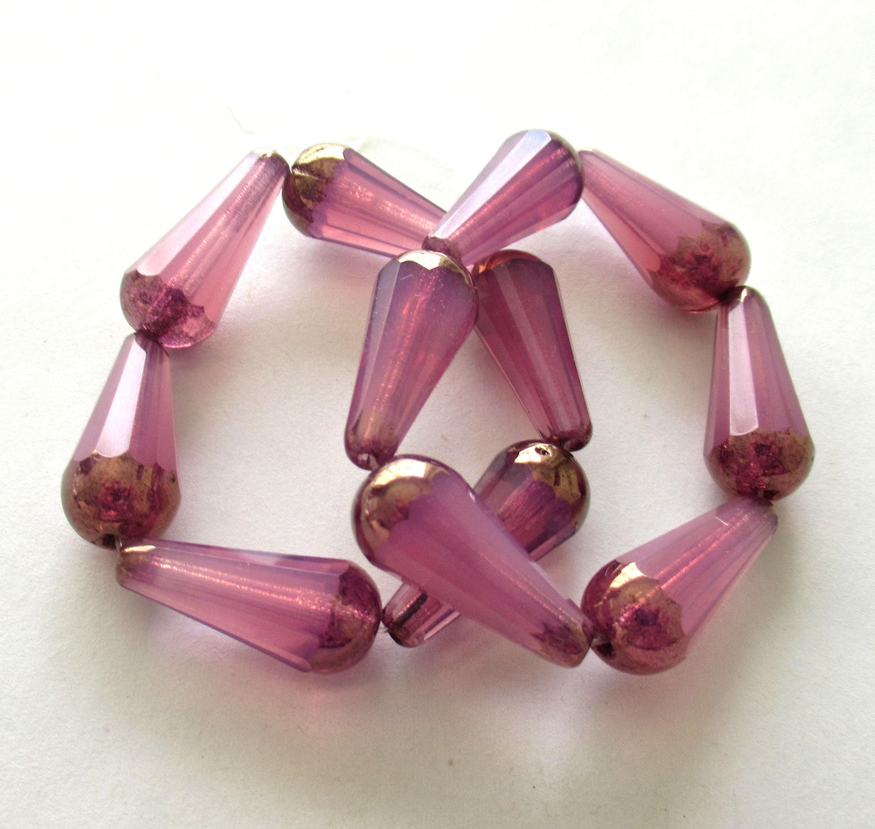 Six Czech glass long faceted teardrop beads - milky pink opal w/ picasso finish on the ends - 9 x 20mm elongated tear drops 00903