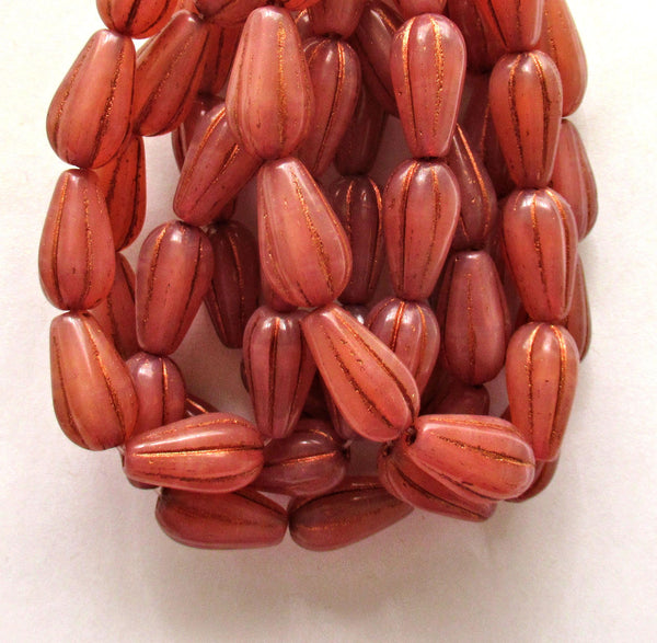 Ten Czech glass teardrop melon beads - milky pink opal w/ copper accents - 15 x 8mm tear drops 00571