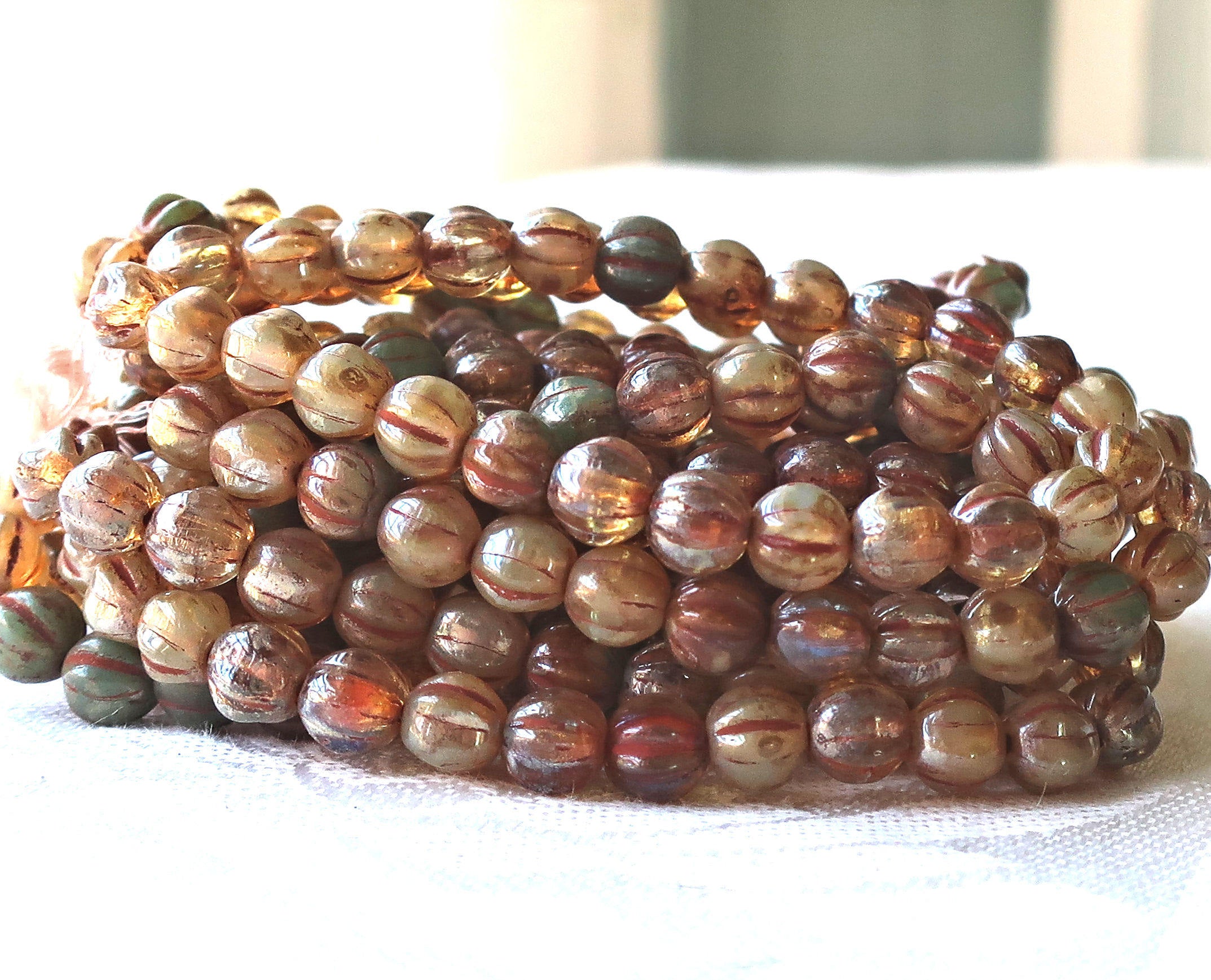 25 Czech 6mm glass melon beads, Striped champagne picasso beads, earthy, rustic mix pressed beads C0801