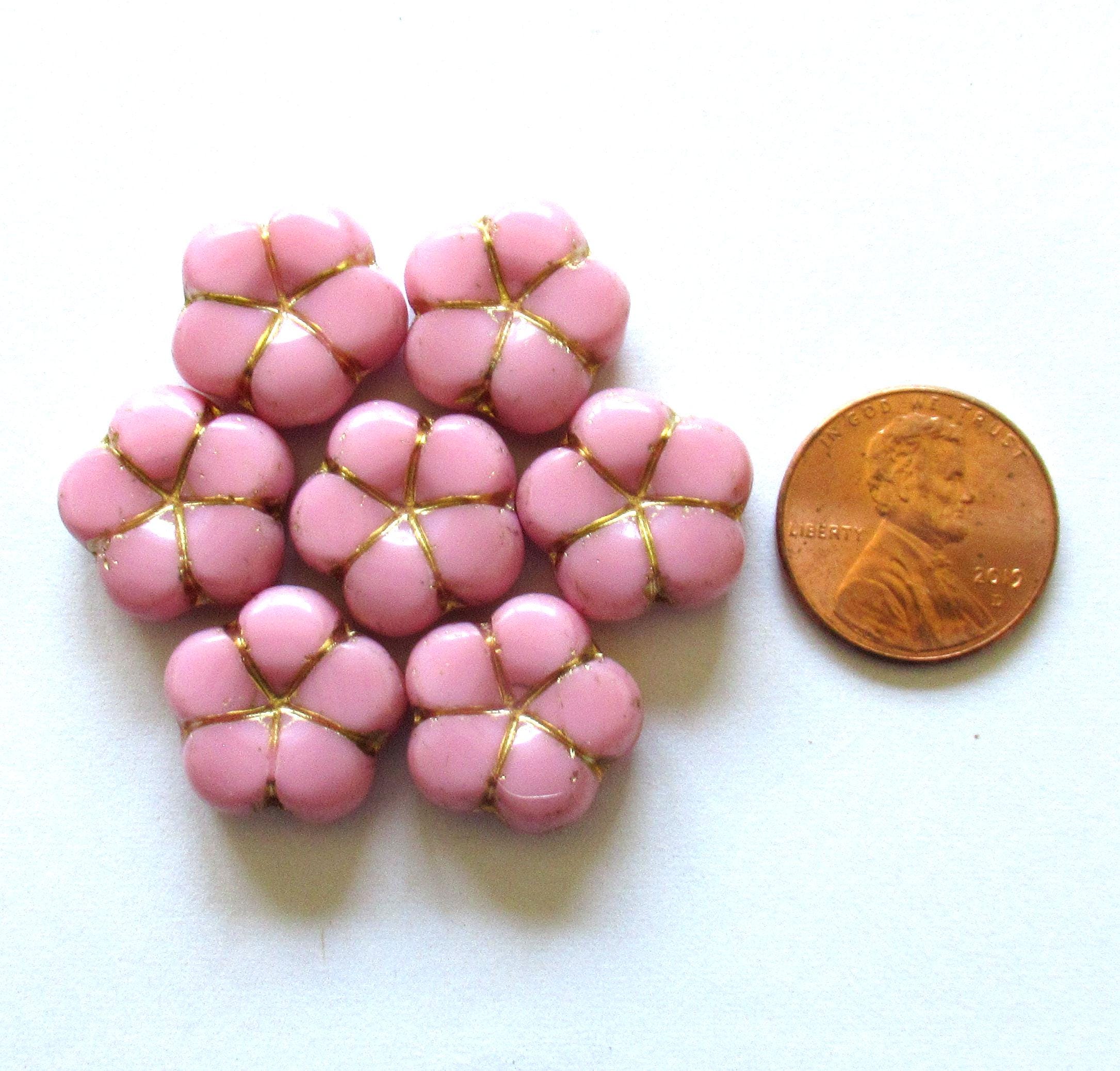 Five large Czech glass flower beads - 16mm - opaque pink with gold accents - C00161