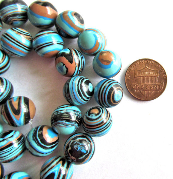 12mm Calsilica blue smooth round beads - synthetic semiprecious gemstone beads - blue, black brown druks - 10 beads - 00053