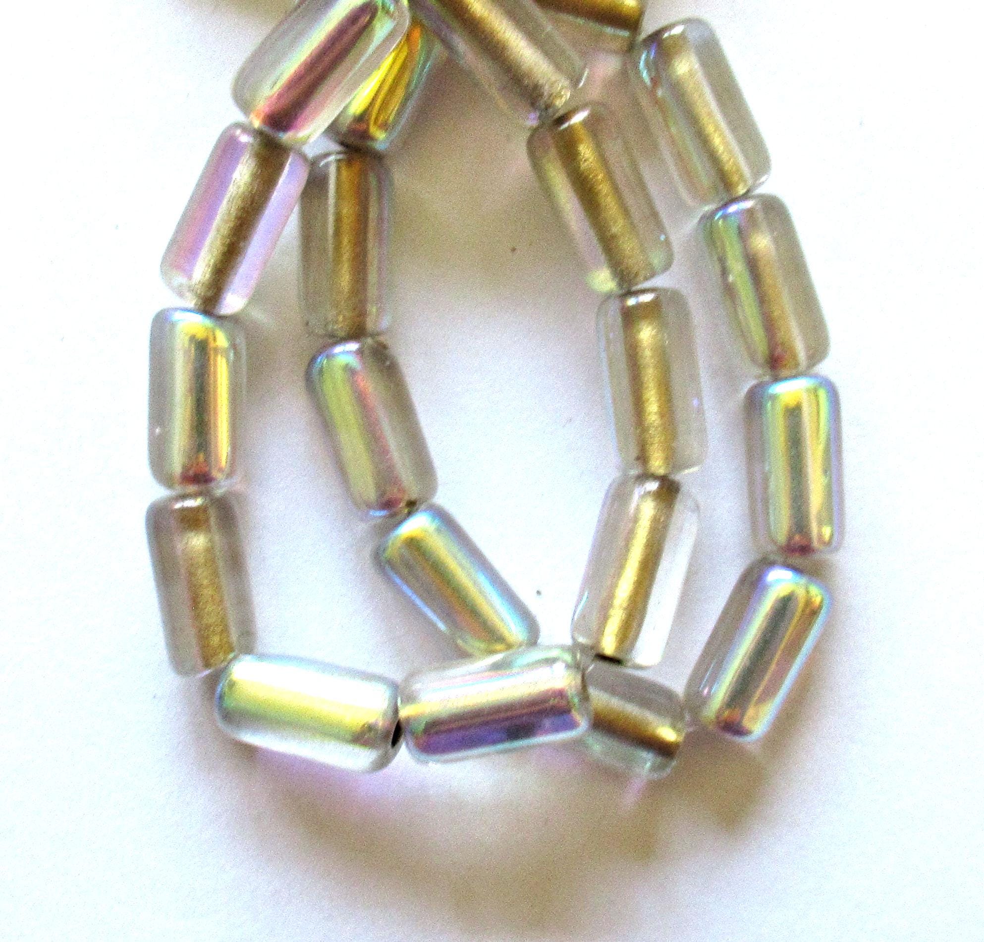 Ten Czech glass tube beads - crystal clear AB w/ gold lining - big 2mm holes - 7 x 14mm - C00081