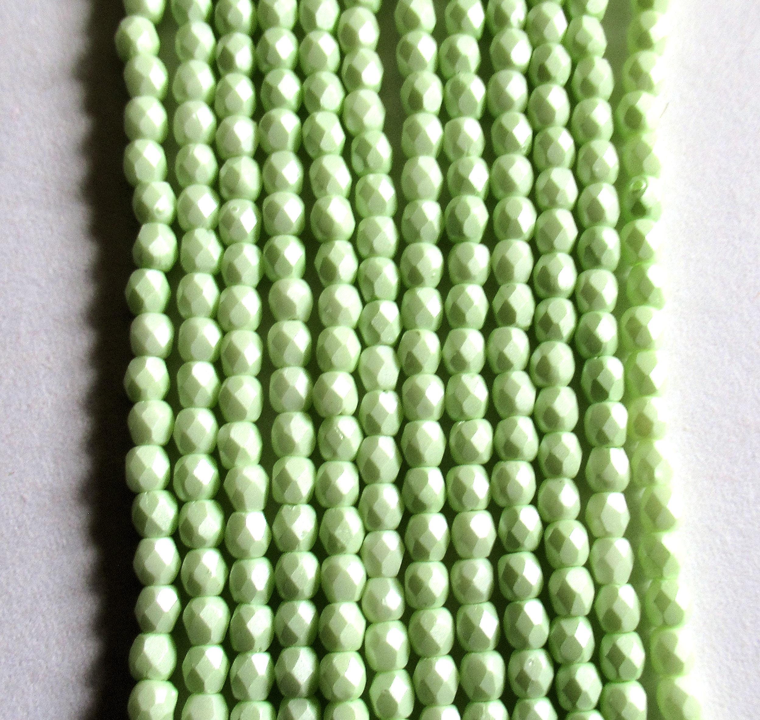 50 3mm Czech glass beads - light powdery pastel lime green - fire polished faceted round beads - C0085