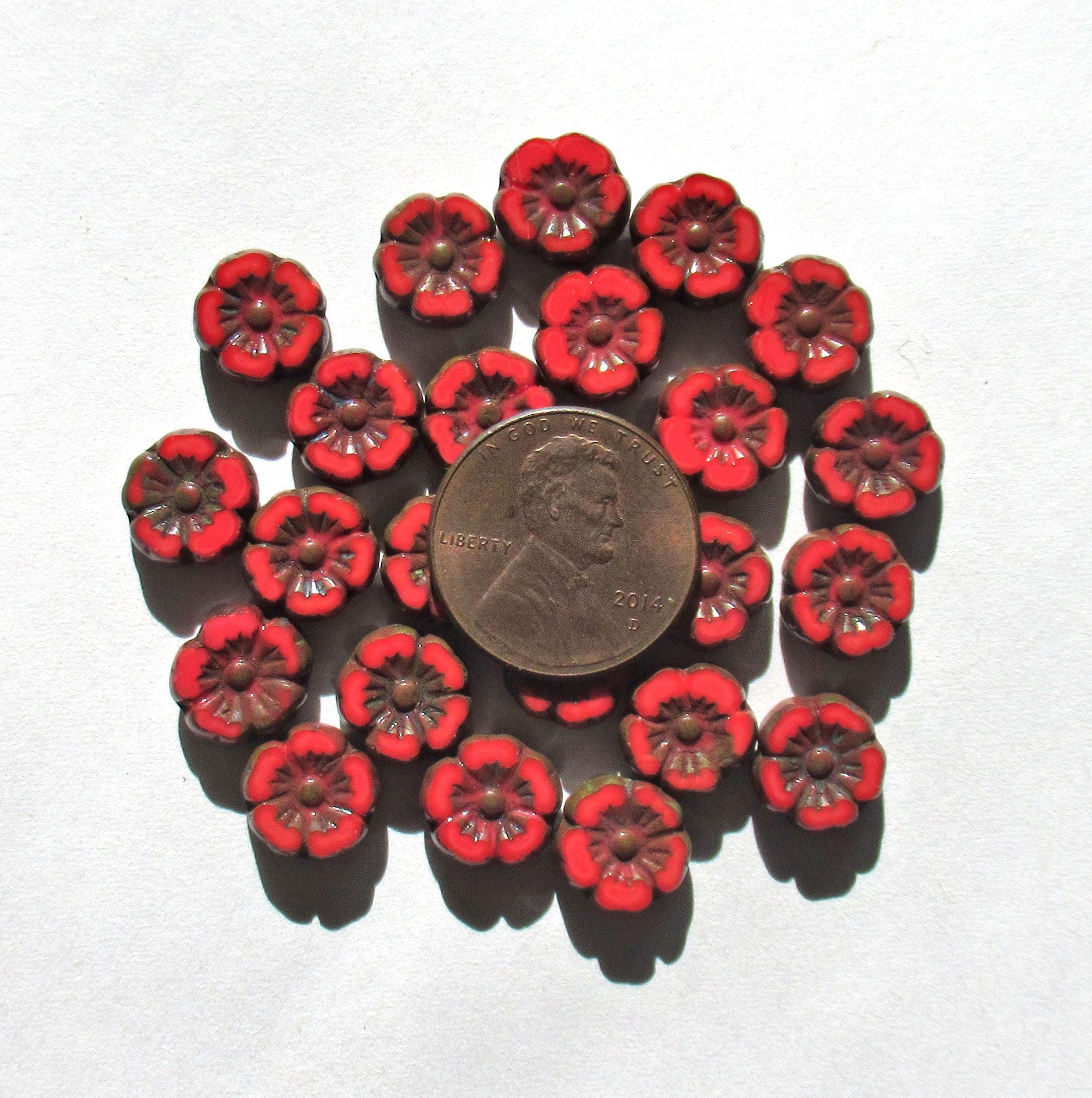 Ten 10mm Czech glass flower beads - opaque red w/ picasso accents - table cut carved Hawaiian hibiscus flowers - C00191