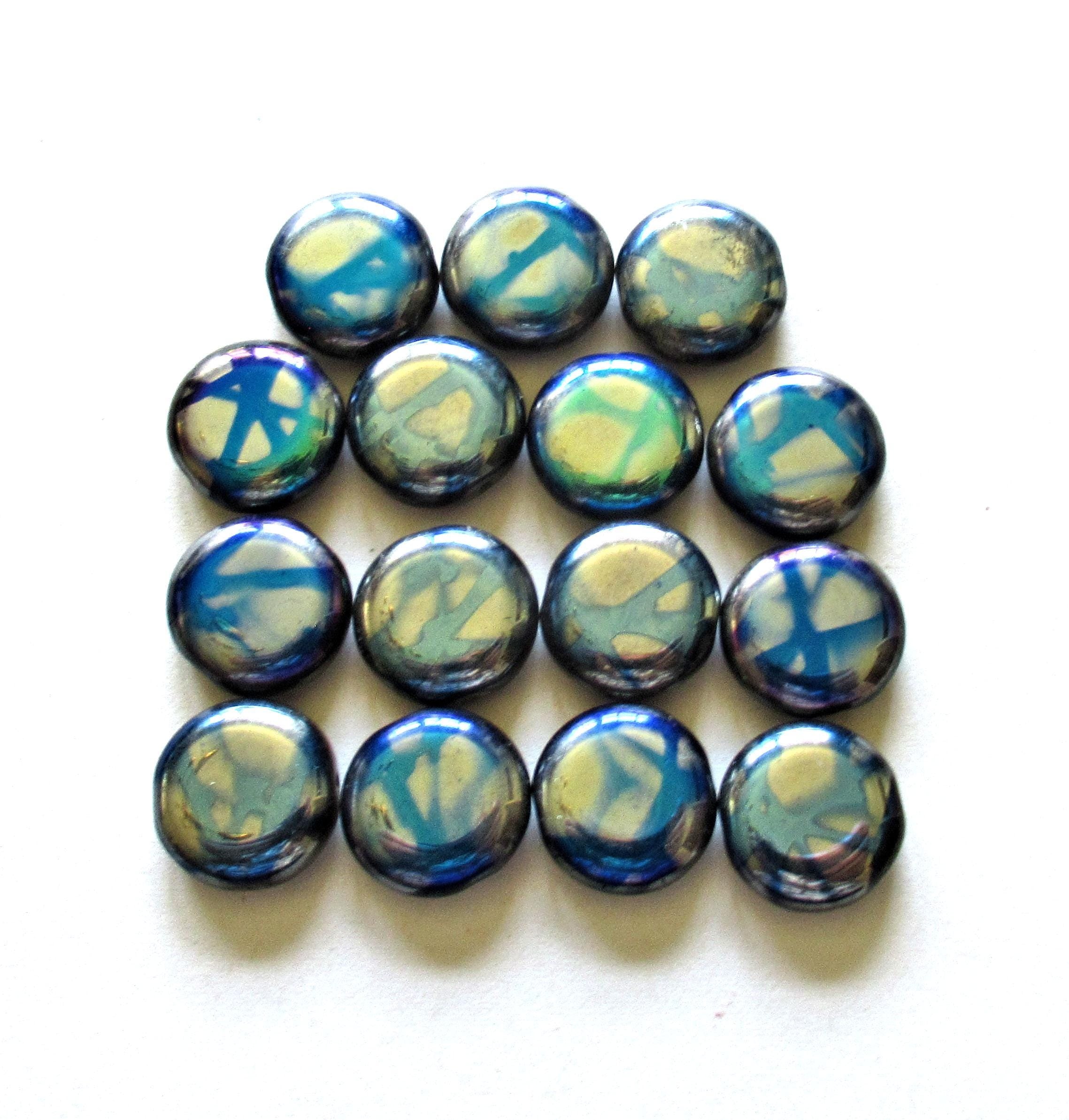 Six Czech glass peacock coin beads - 15mm - blue & silver - C00651