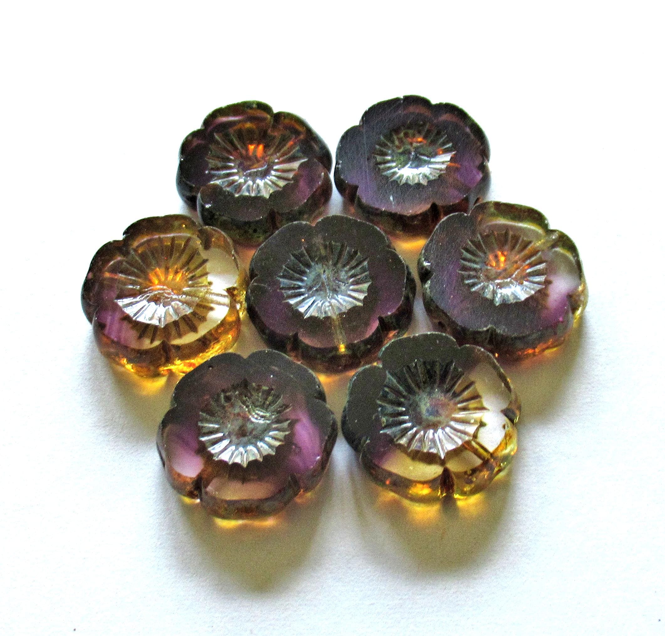 Five large Czech glass flower beads - 16mm - amethyst purple & clear - table cut carved - Hawaiian hibiscus flowers - C00622