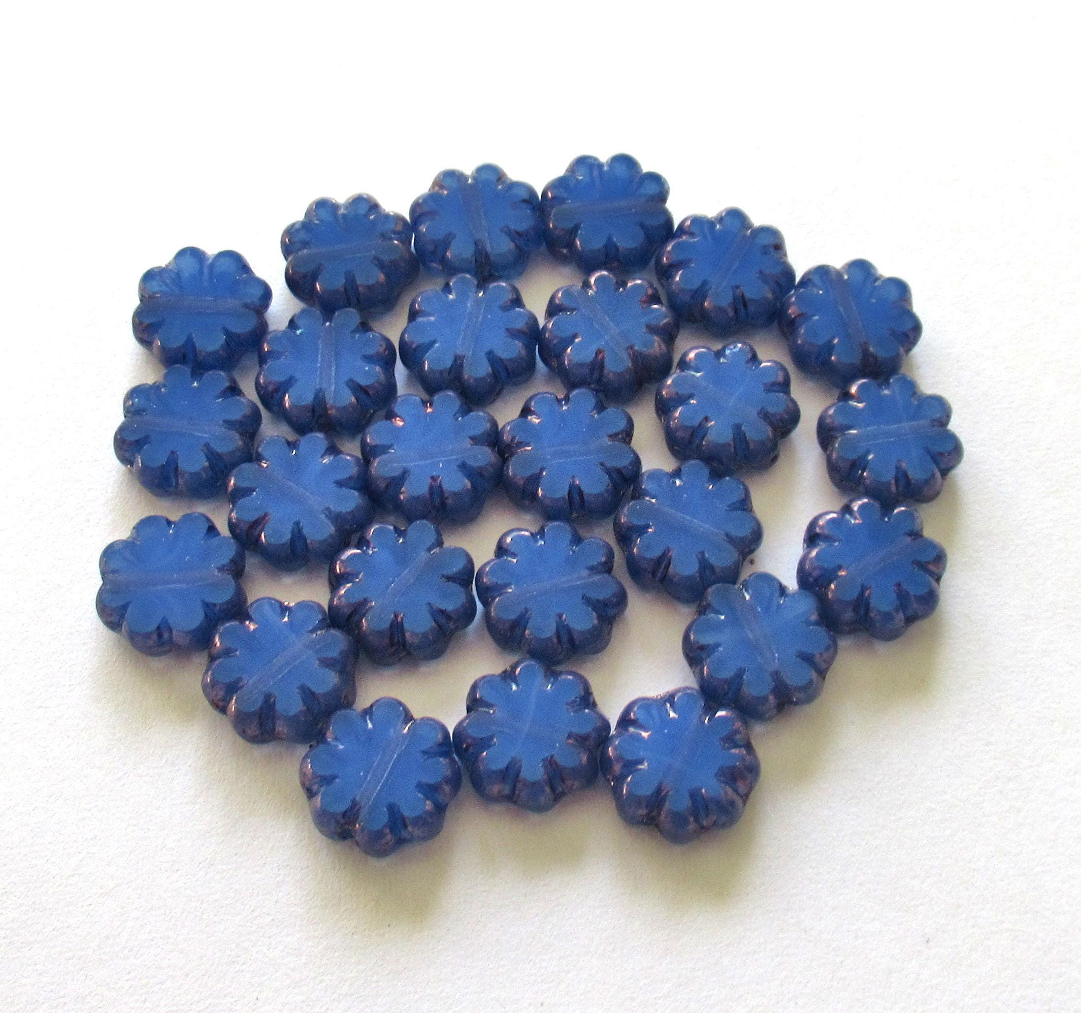 15 Czech glass flower beads - milky blue opal w/ bronze accents - 9mm - table cut cactus flowers - C00871