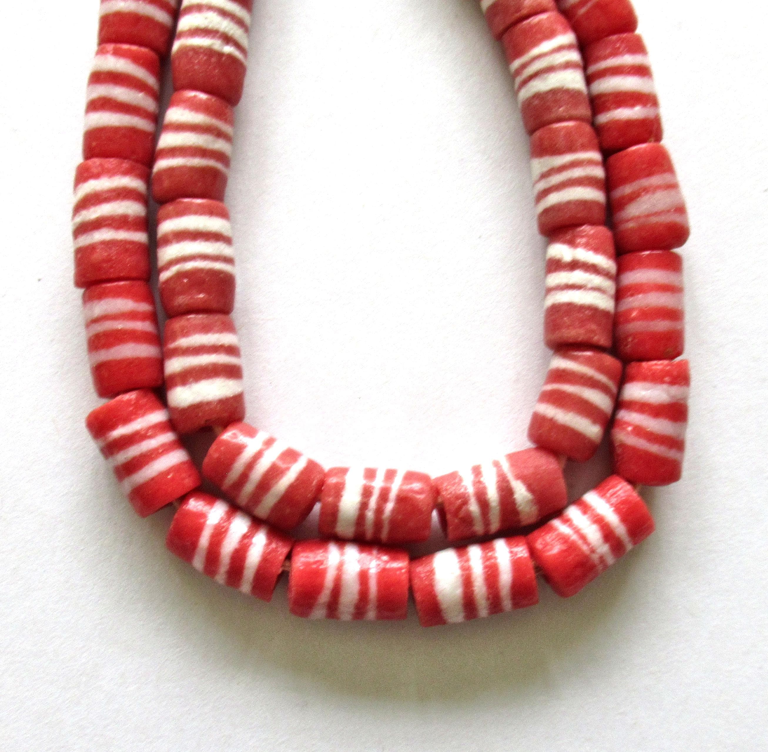 African Ghana Krobo glass tube beads - red & white striped beads - 13 to 14.5mm X 8.5 to 9mm - big hole sandcast beads - six beads - C00211