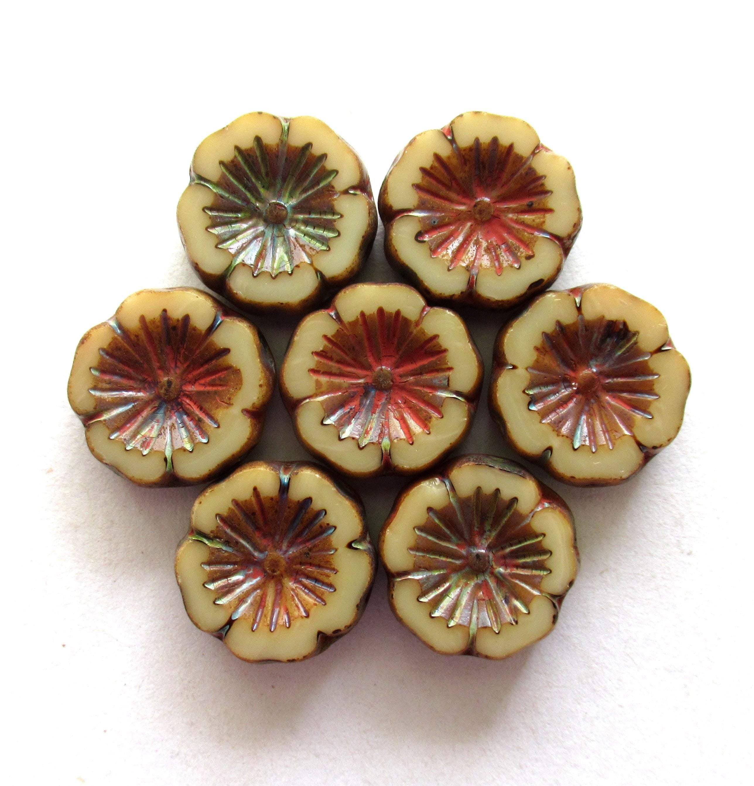 Six 14mm Czech glass flower beads - opaque ivory / beige / off white picasso - Hawaiian hibiscus earthy rustic table cut carved beads C00221