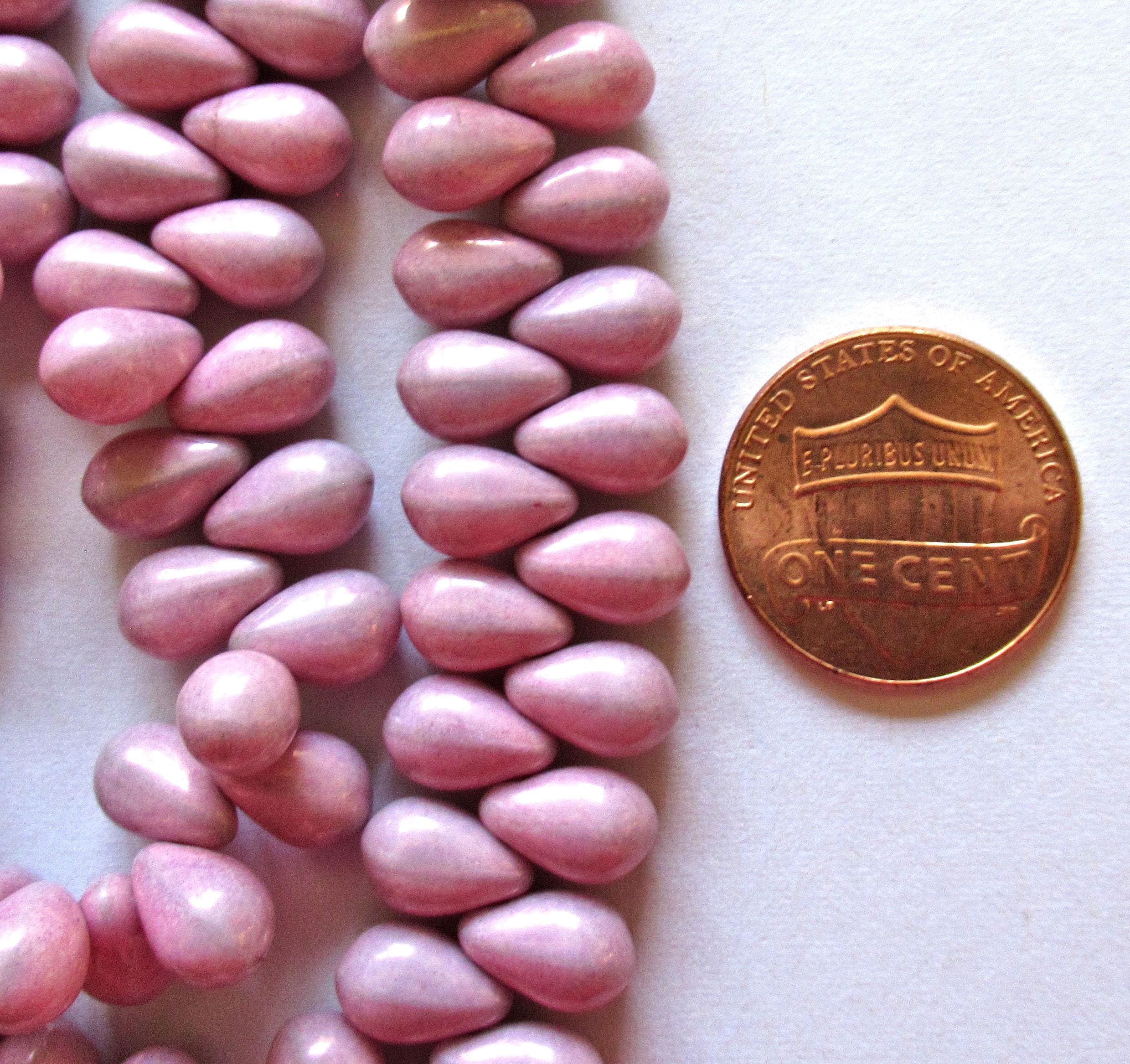 25 Czech glass drop beads - opaque pink - side drilled - smooth teardrop beads - 9 x 6mm - 00121