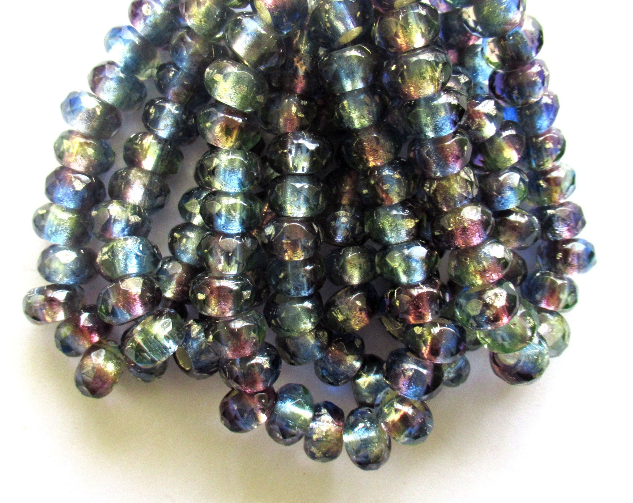 Ten Czech glass roller beads - 9 x 6mm purple blue color mix, silver lined, faceted roller, rondelle, big 3.5mm hole beads C00801