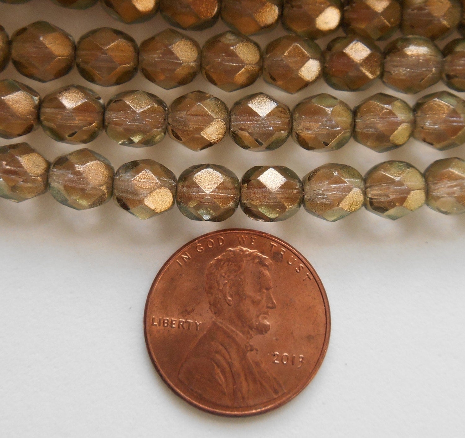 25 6mm Halo Linen Czech glass beads - Green glass over Gold fire polished, faceted round beads with a C2925