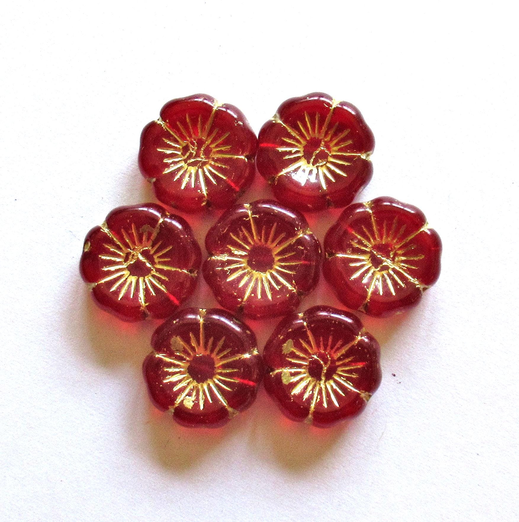 Six Czech glass flower beads - 16mm - light garnet ruby red w/ gold wash16mm - Hawaiian hibiscus floral beads - C00491