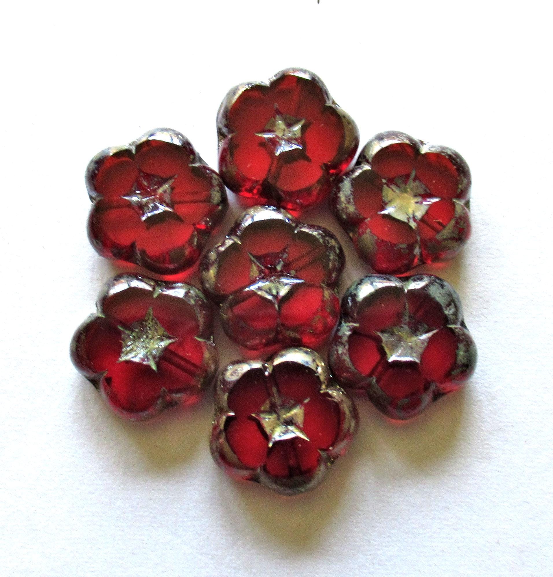 Six Czech glass flower beads - 14mm -transparent garnet ruby red picasso - table cut & carved floral beads - C00541