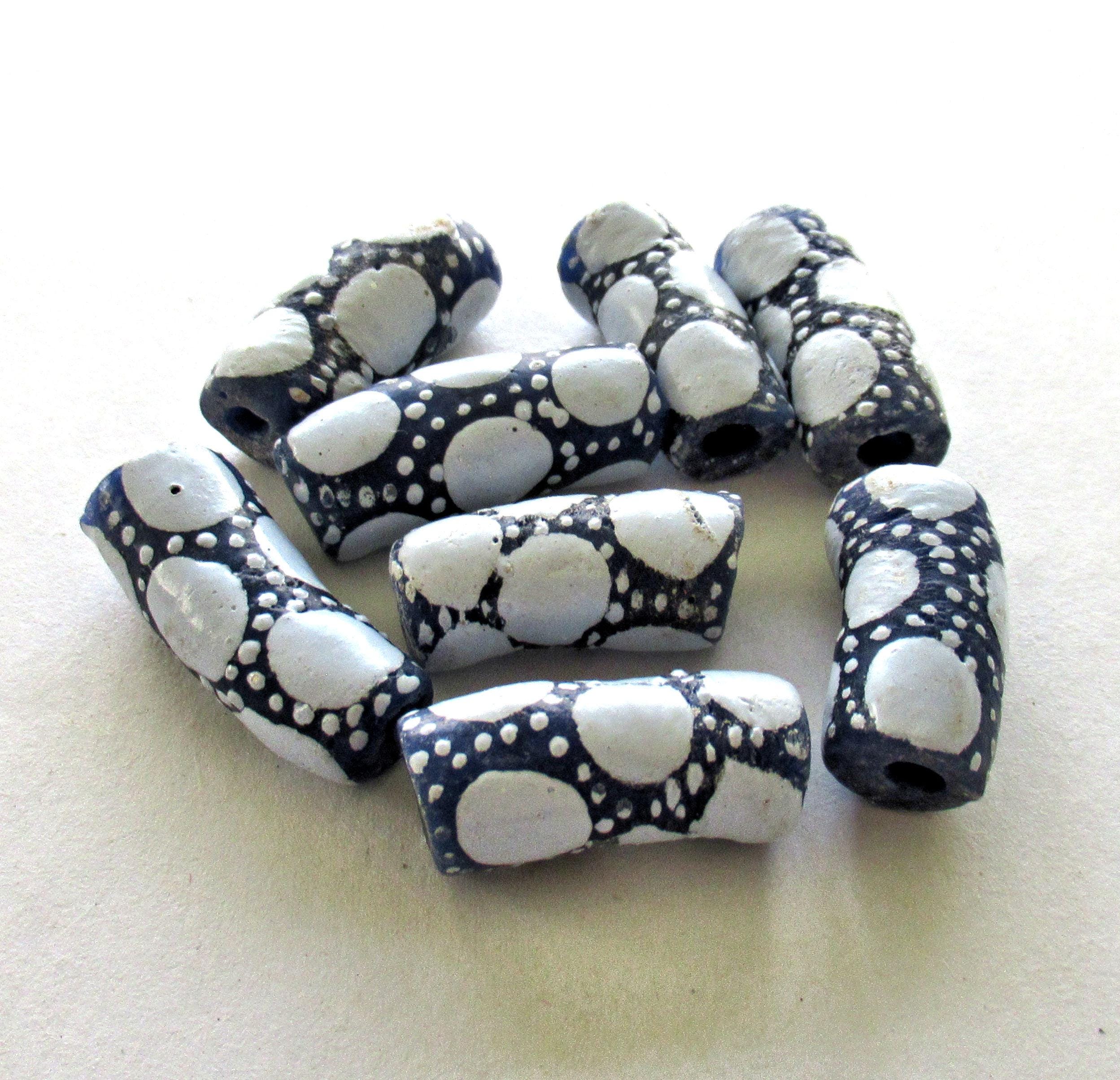 5 African Ghana glass curved tube beads - dark blue beads w/ light blue dots - 25 - 23mm by 9 - 11mm - big hole rustic beads - C00251
