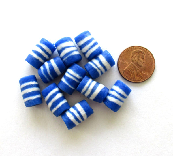 African Ghana Krobo glass tube beads - blue & white striped beads - 13 to 14mm X 8 to 9mm - big hole sandcast beads - six beads - C00021