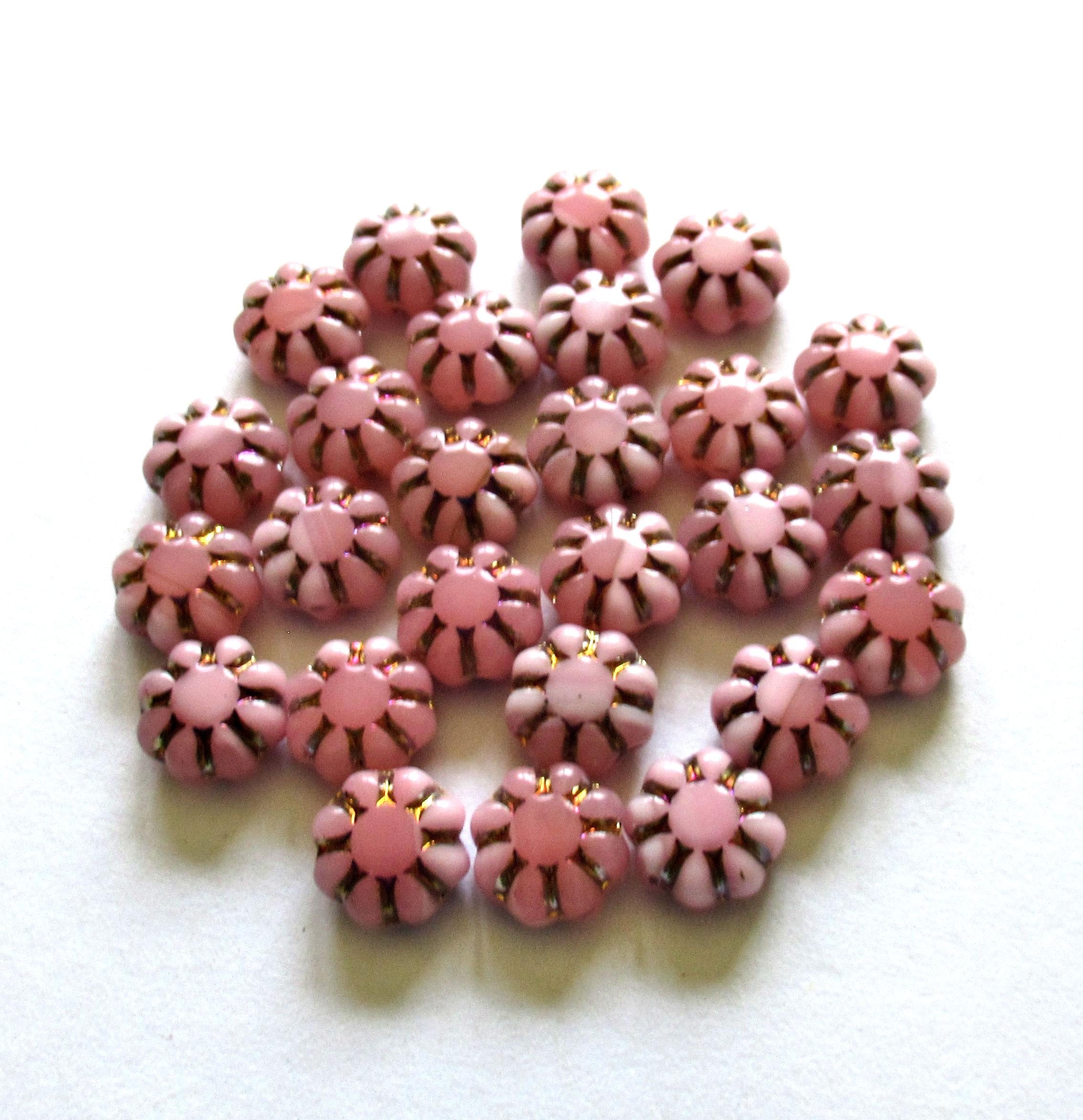 15 Czech glass flower beads - light & dark pink with a metallic wash - 9mm - cactus flower beads - C00402