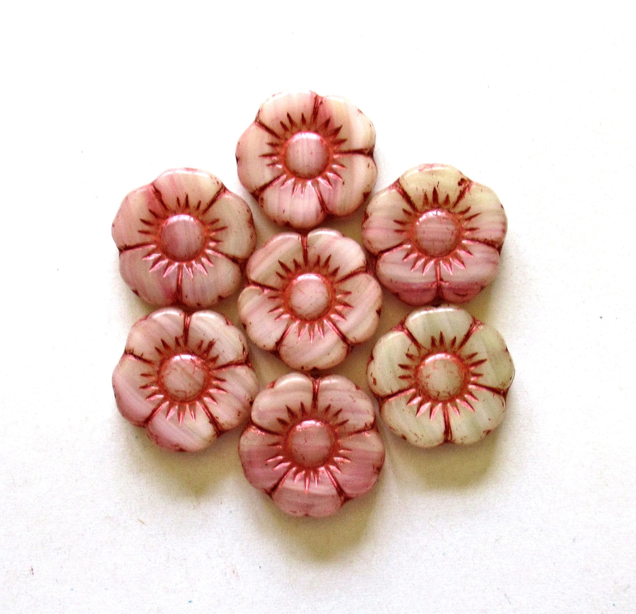 4 large Czech glass flower beads -marbled off white & pink w/ a pink wash - 18mm - 00031