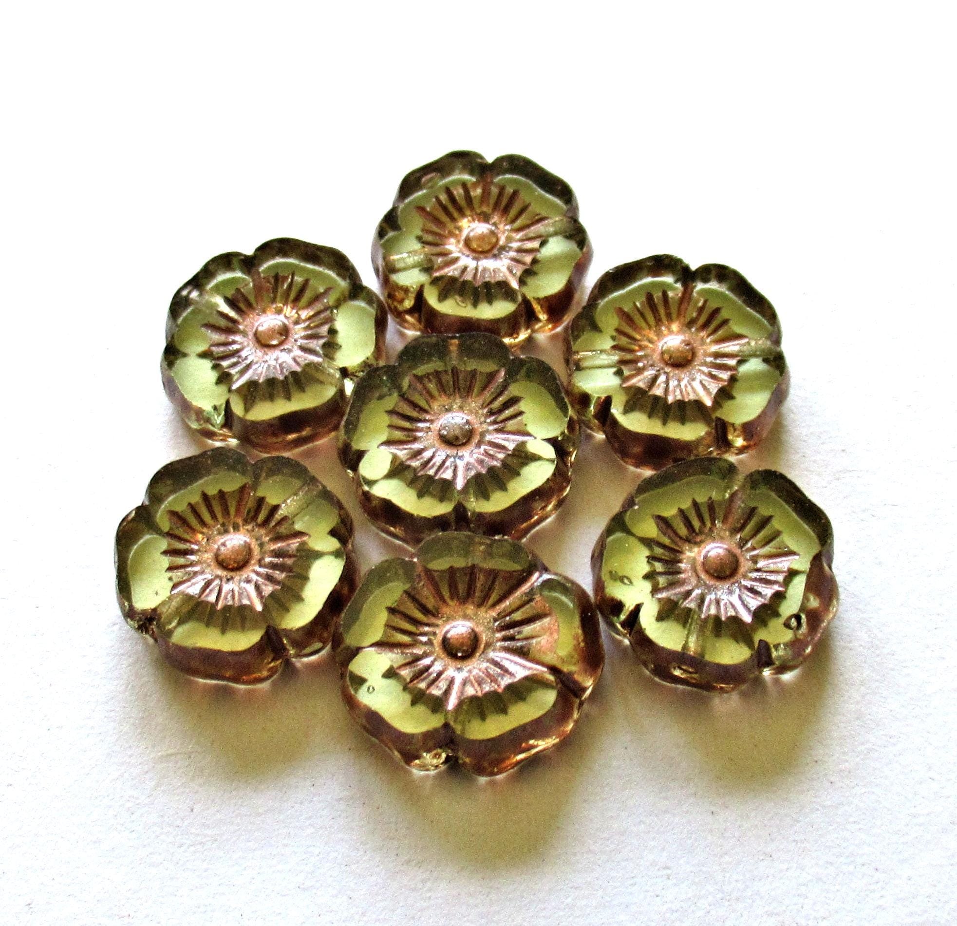 10 Czech flower beads - 12mm - table cut - carved - clear Vaseline glass with a picasso accents - Hawaiian hibiscus floral beads C00981