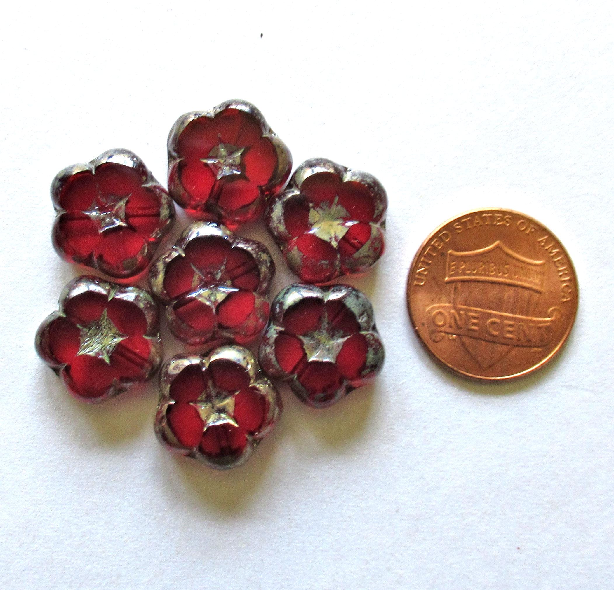 Six Czech glass flower beads - 14mm -transparent garnet ruby red picasso - table cut & carved floral beads - C00541