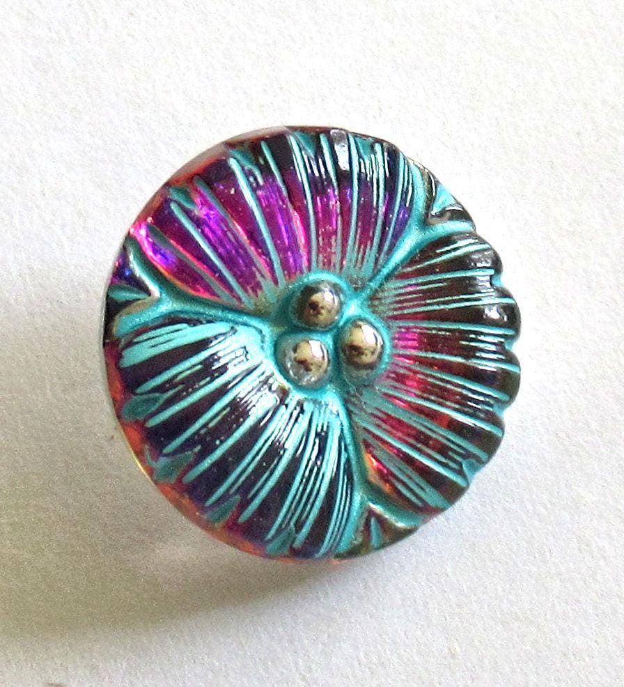 One 18mm Czech glass flower button -purple & pink w/ a turquoise wash - decorative floral shank buttons 00523