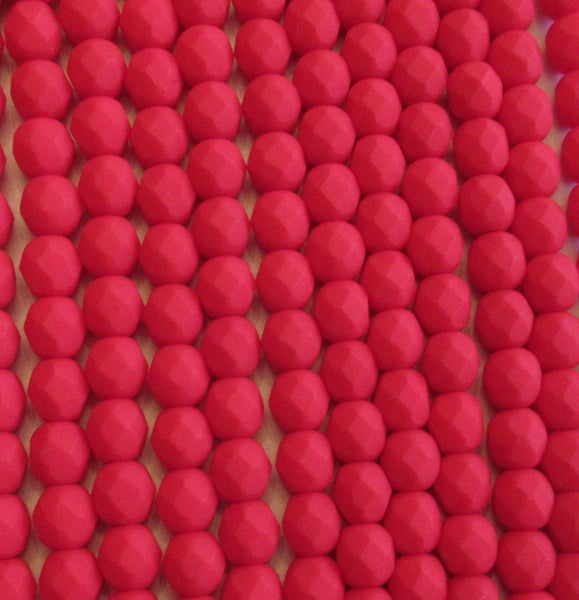 25 6mm Czech glass faceted red beads - opaque Saturated Red matte beads - fire polished round beads - C0016