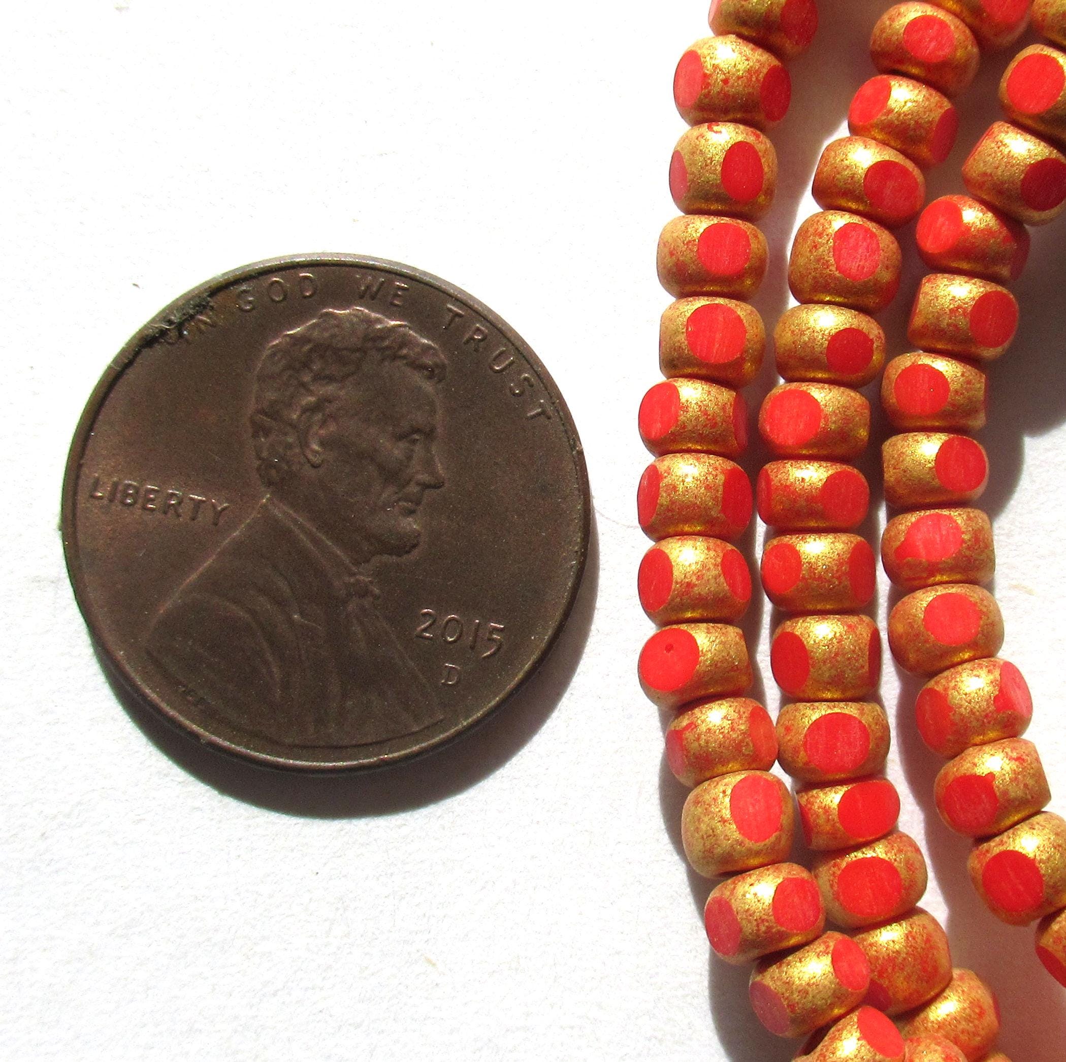 50 4 x 3mm Czech glass Tri-cut beads - opaque bright red w/ gold accents - 6/0 faceted seed beads - C00141
