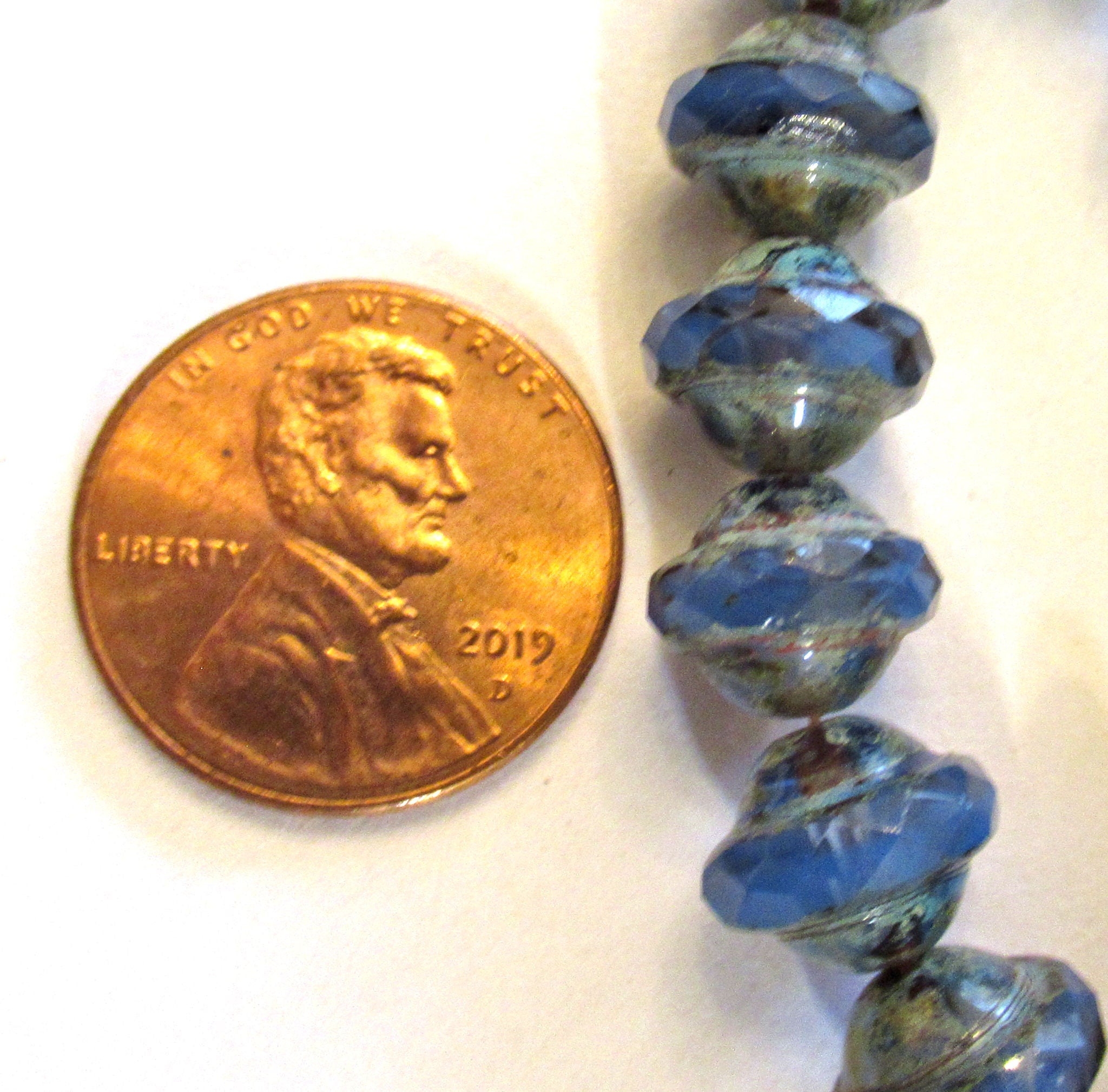 Fifteen Czech glass saturn beads - 8mm x 10mm transparent & opaque cornflower blue picasso faceted fire polished saucer beads - C00971