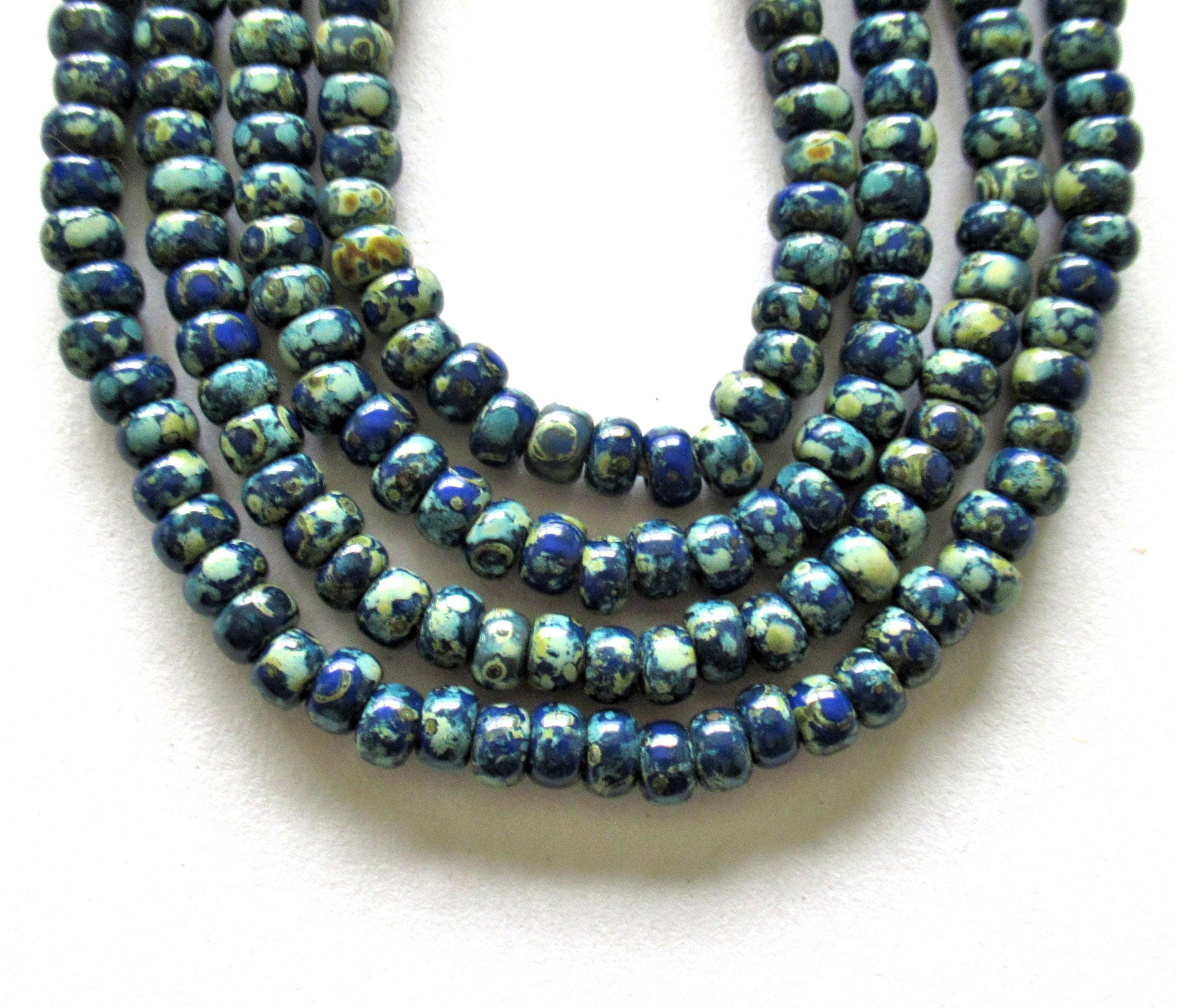 6/0 Czech glass aged seed beads - opaque blue picasso beads - one 24 inch strand - approx 218 beads - C00755