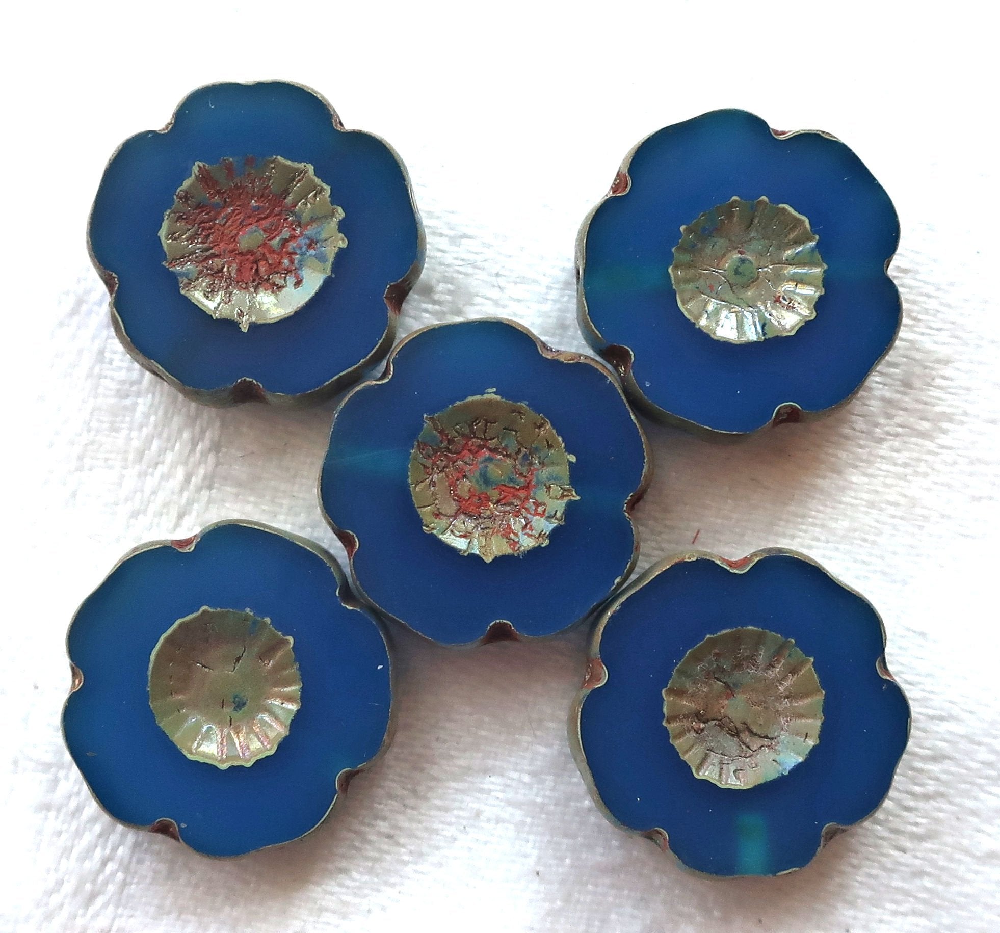 Six 14mm Czech glass flower beads. table cut, carved, translucent capri blue with a picasso finish, Hawaiian flowers C02101