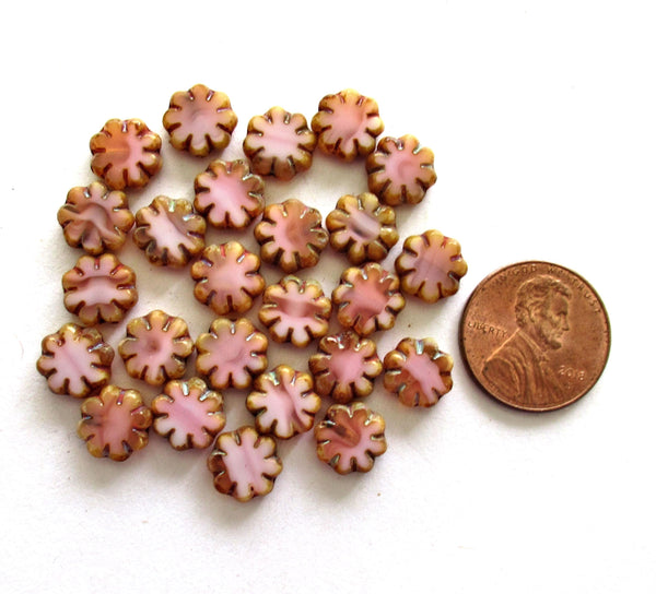 20 Czech glass flower beads - light & dark pink picasso beads - 9mm - table cut - cactus flower beads - C00871