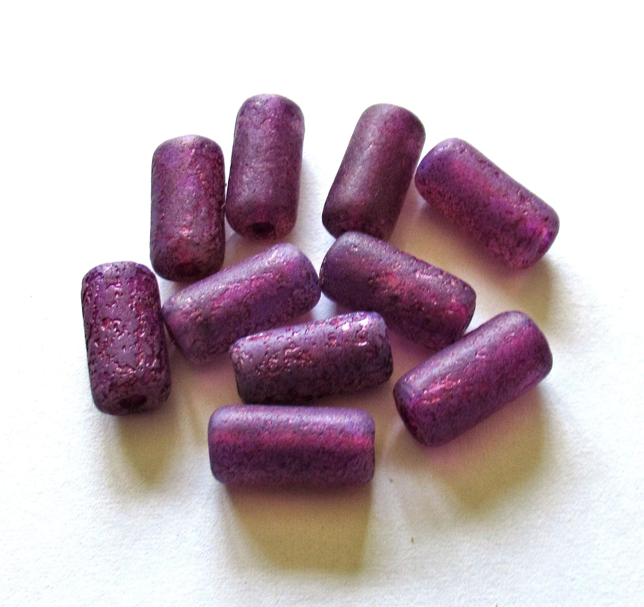 Ten Czech glass tube beads - etched purple w/ big 2mm holes - 7 x 14mm - C00052