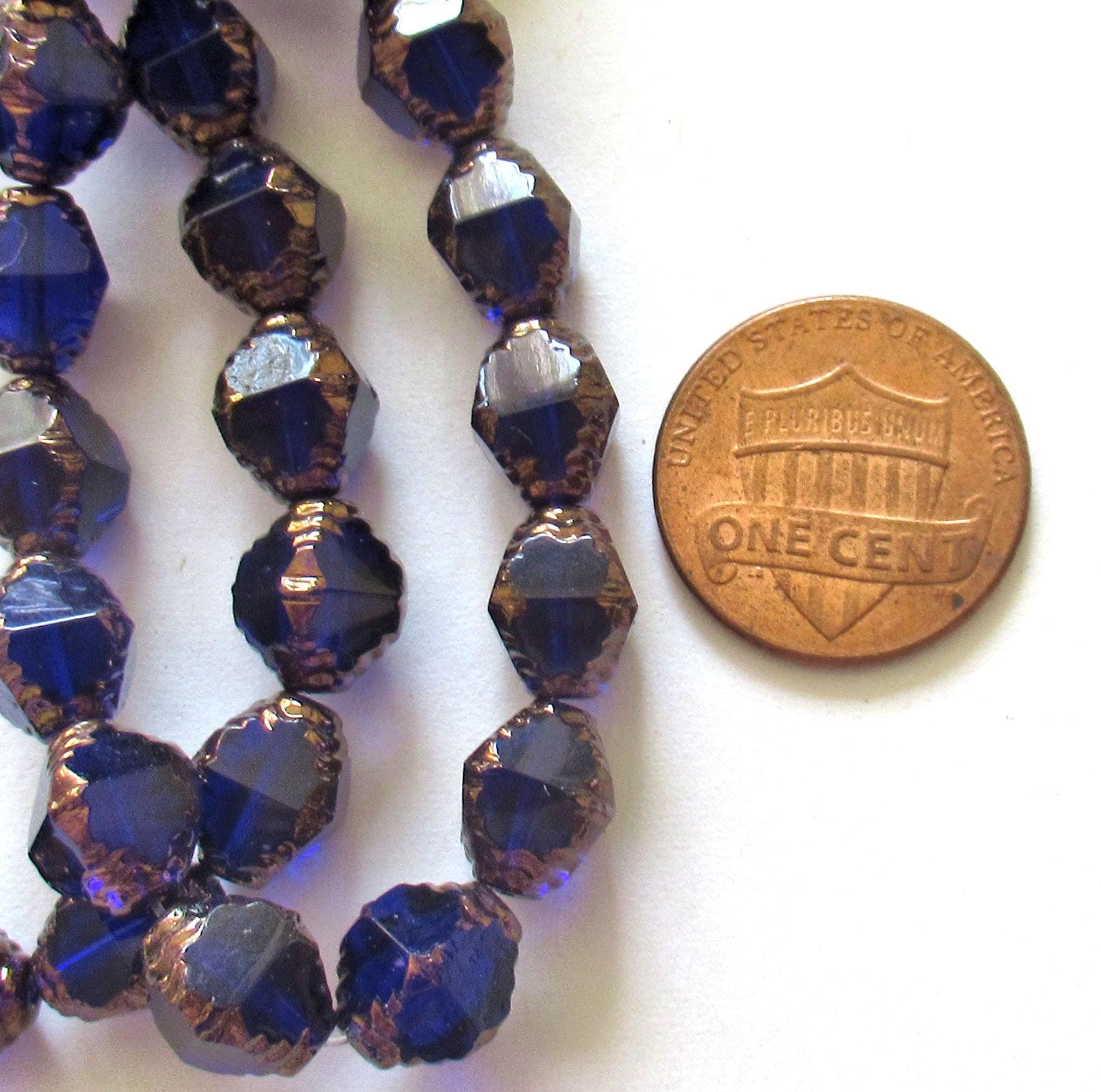 15 Czech glass bicones - 8 x 10mm cobalt blue w/ bronze accents - carved notched bicone beads - C00542