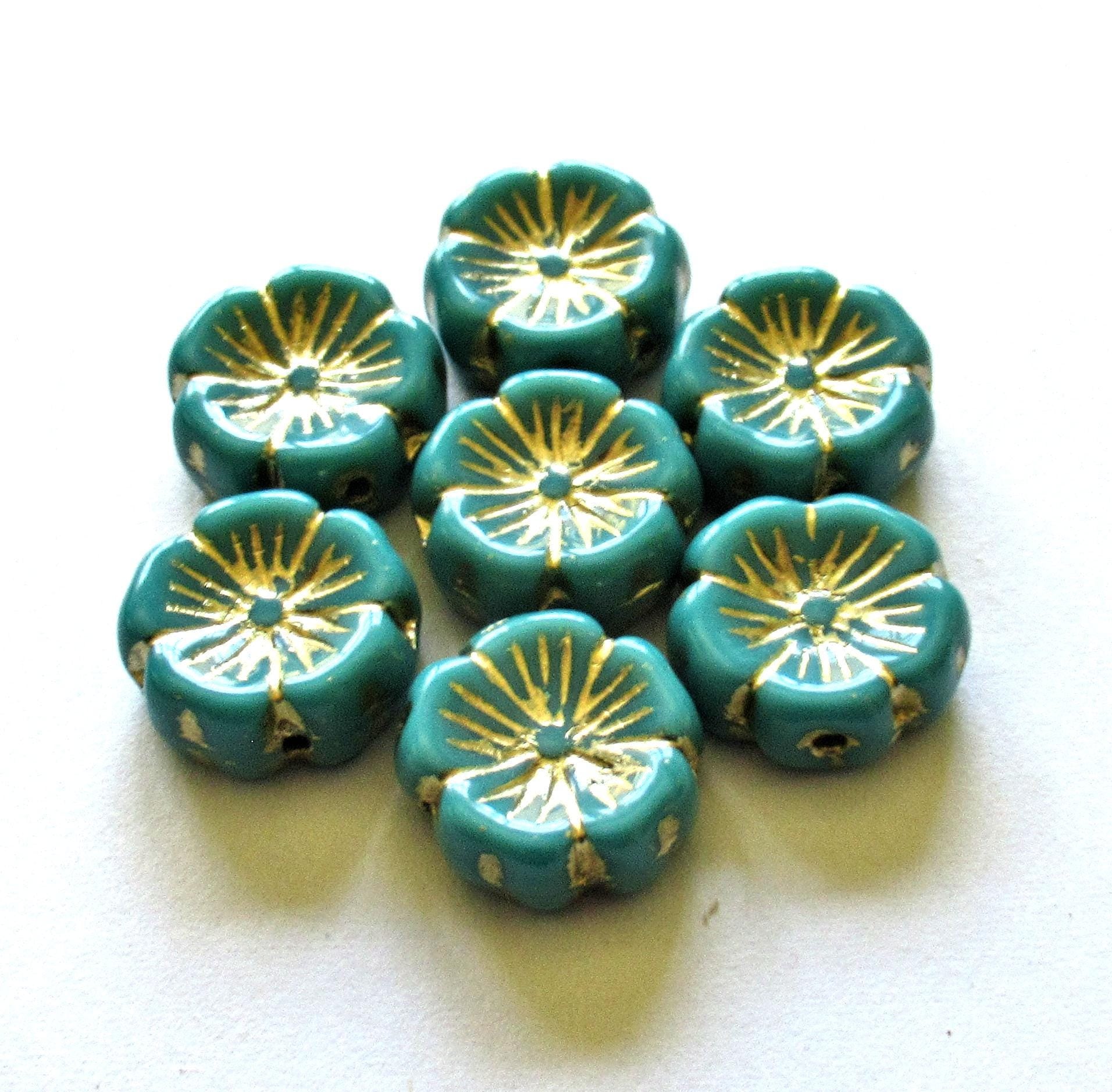 Six 14mm Czech glass flower beads - opaque green w/ a gold wash - carved Hawaiian hibiscus Flower beads - C00141