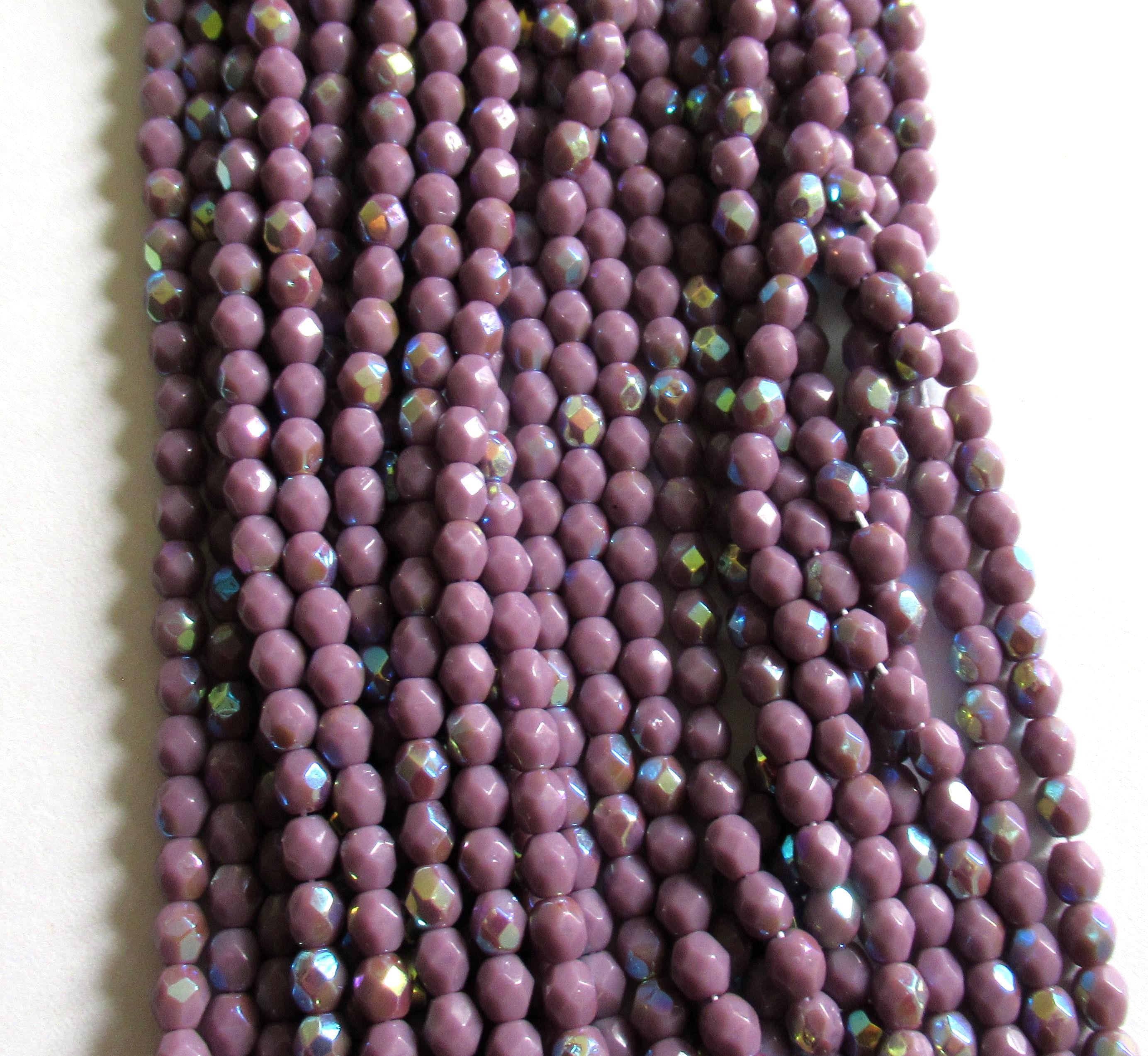 50 4mm Czech glass beads - Opaque Purple AB - faceted smooth round beads - C0066