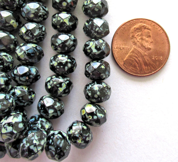 25 Czech glass puffy rondelles - 8 x 6mm jet black with a full picasso coat - faceted fire polished donut beads - C00591