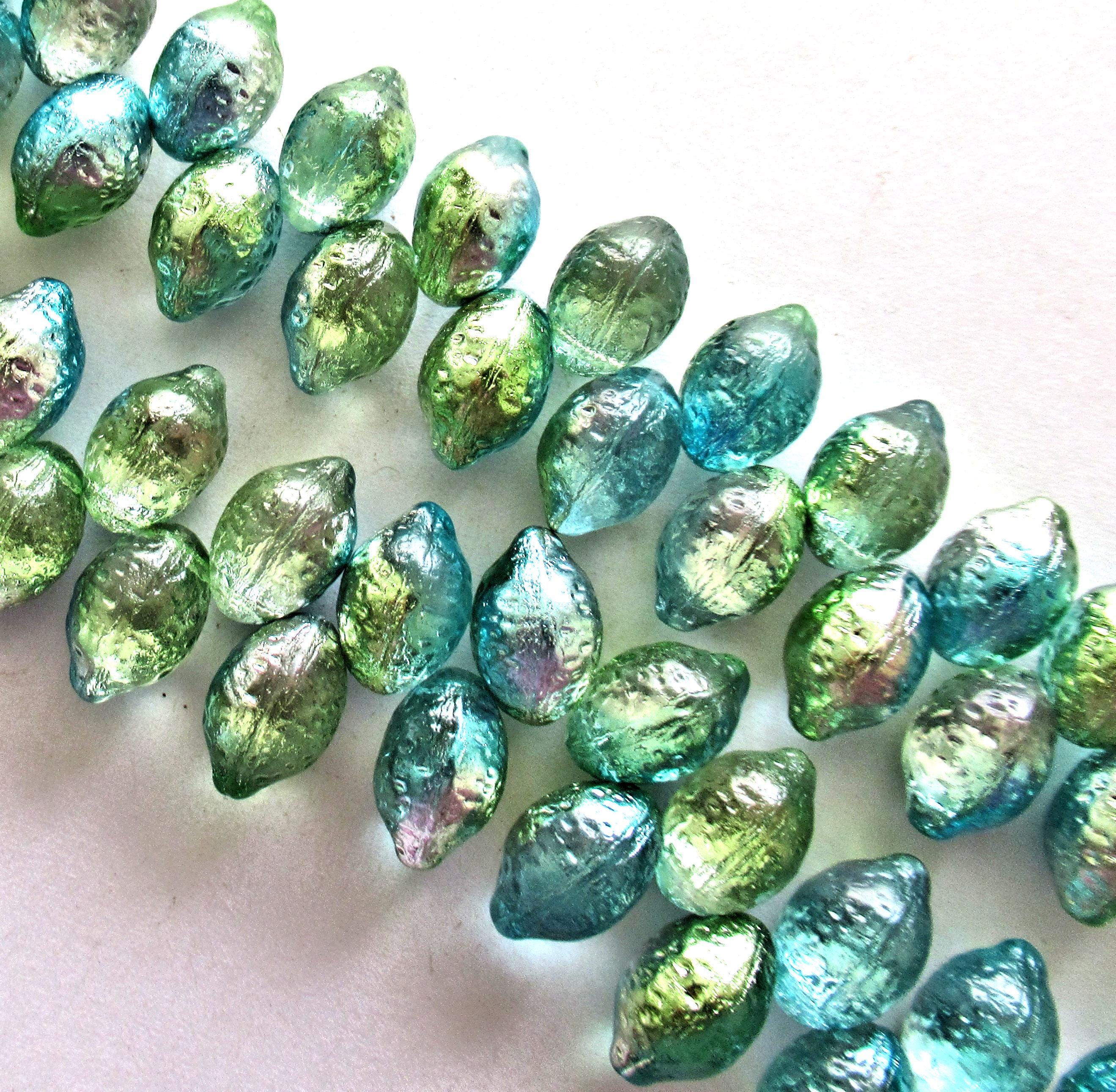 Lemon shaped drop beads - 14 x 10mm - blue green & silver - side drilled - pressed Czech glass beads - 10 pieces - C00831