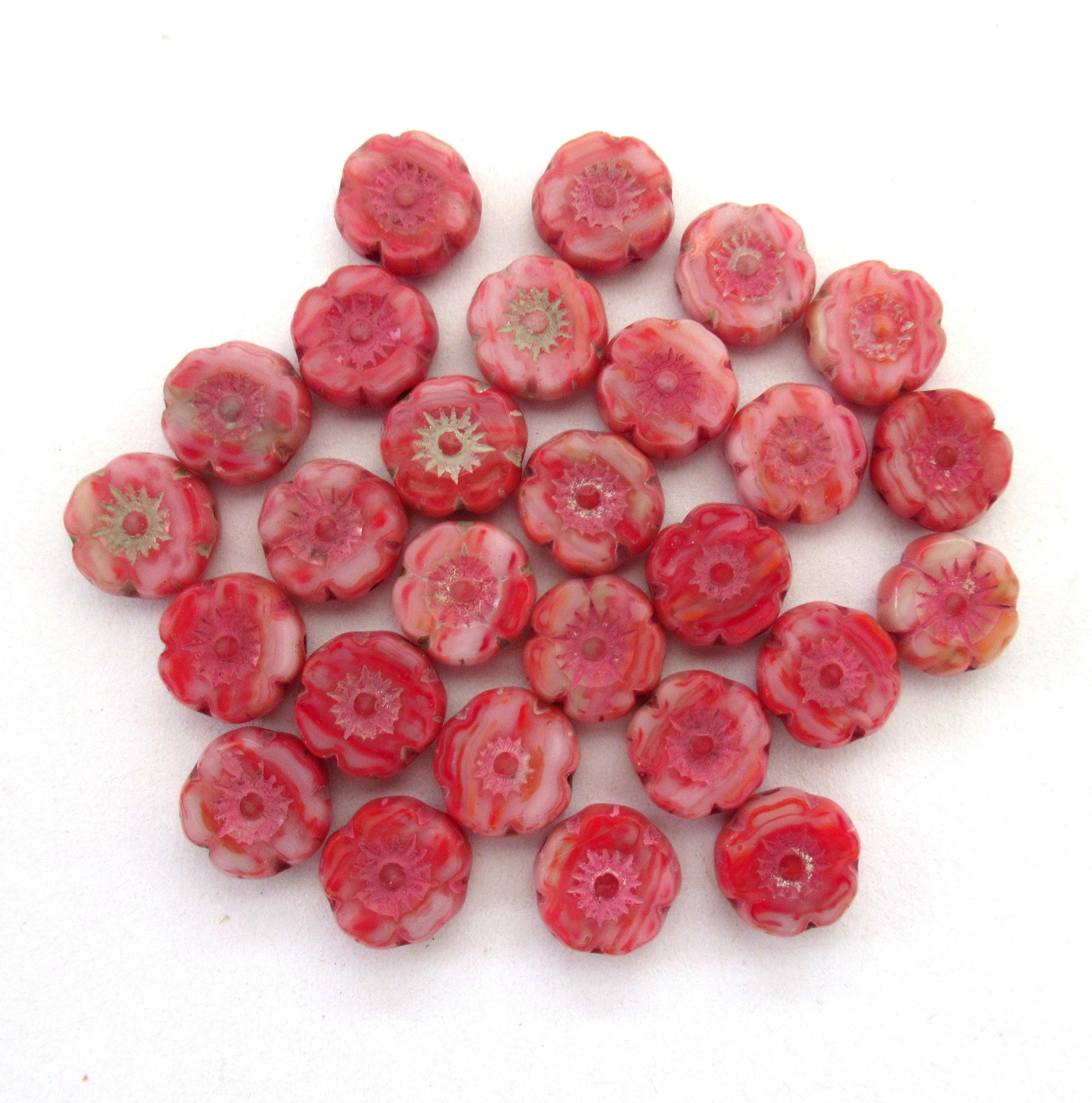 Lot of 15 8mm Czech glass flower beads - table cut - carved - marbled red & white / pink - Hawaiian hibiscus flower beads C00431