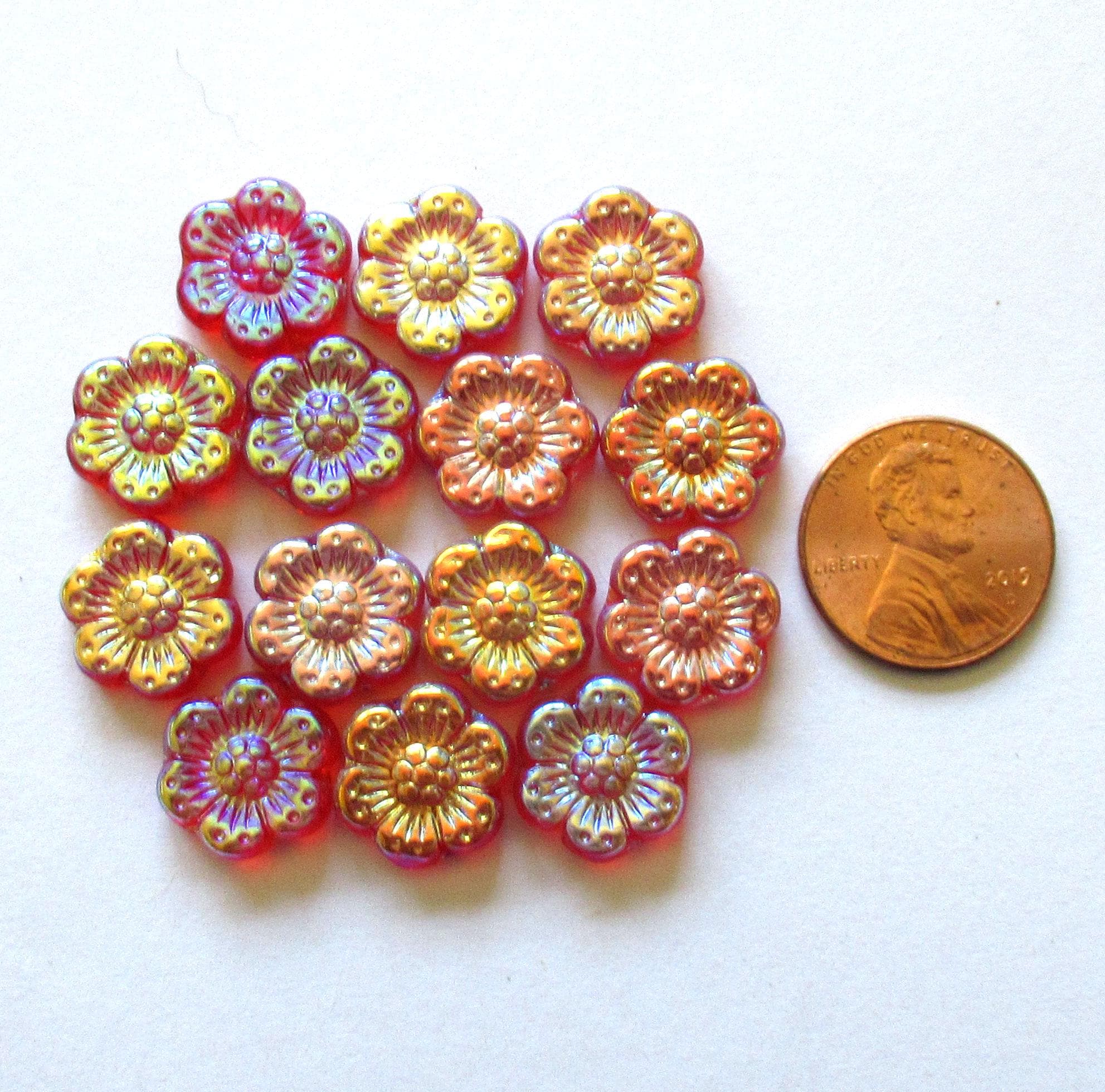 Ten Czech glass wild rose flower beads - 14mm - orange red w/ 2 x rainbow AB accents - C000131