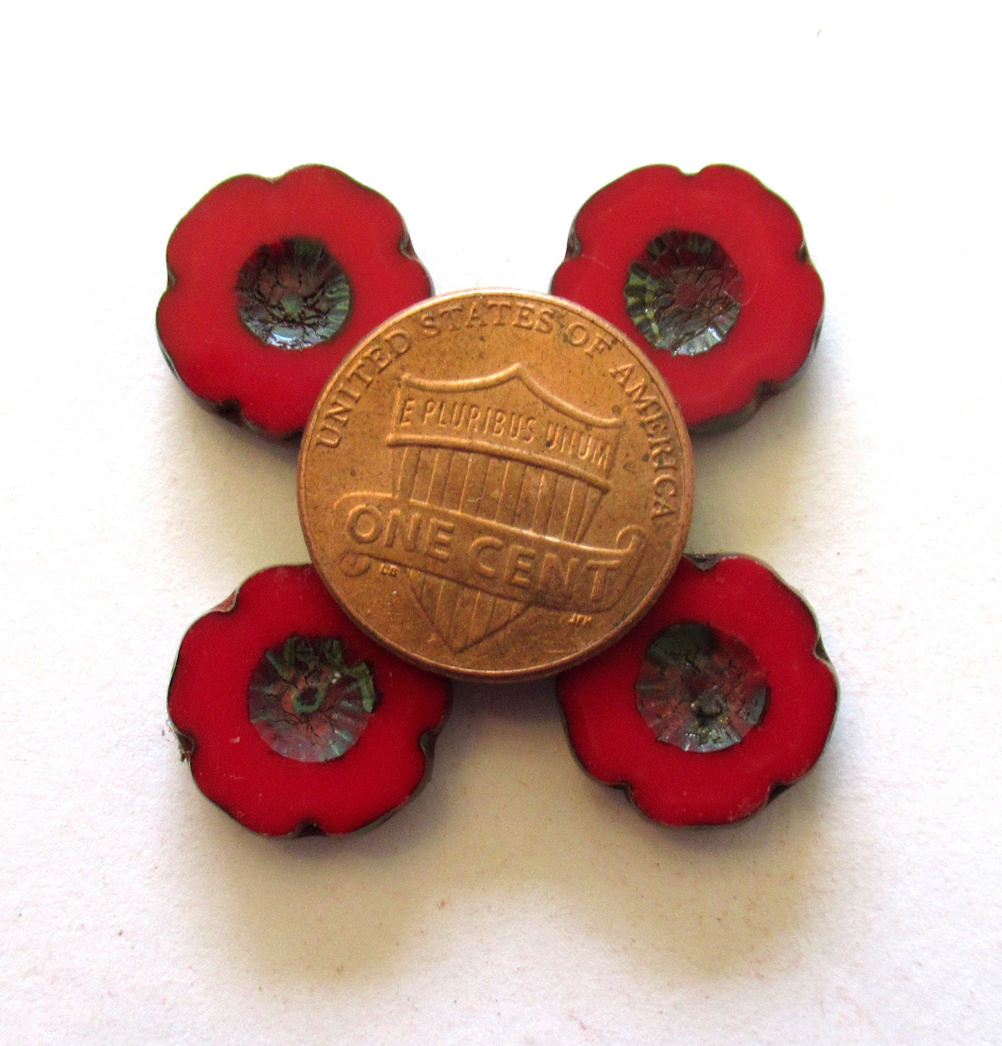 Five Czech glass flower beads. 14mm table cut, carved, opaque deep red picasso Hawaiian hibiscus flower beads C00001