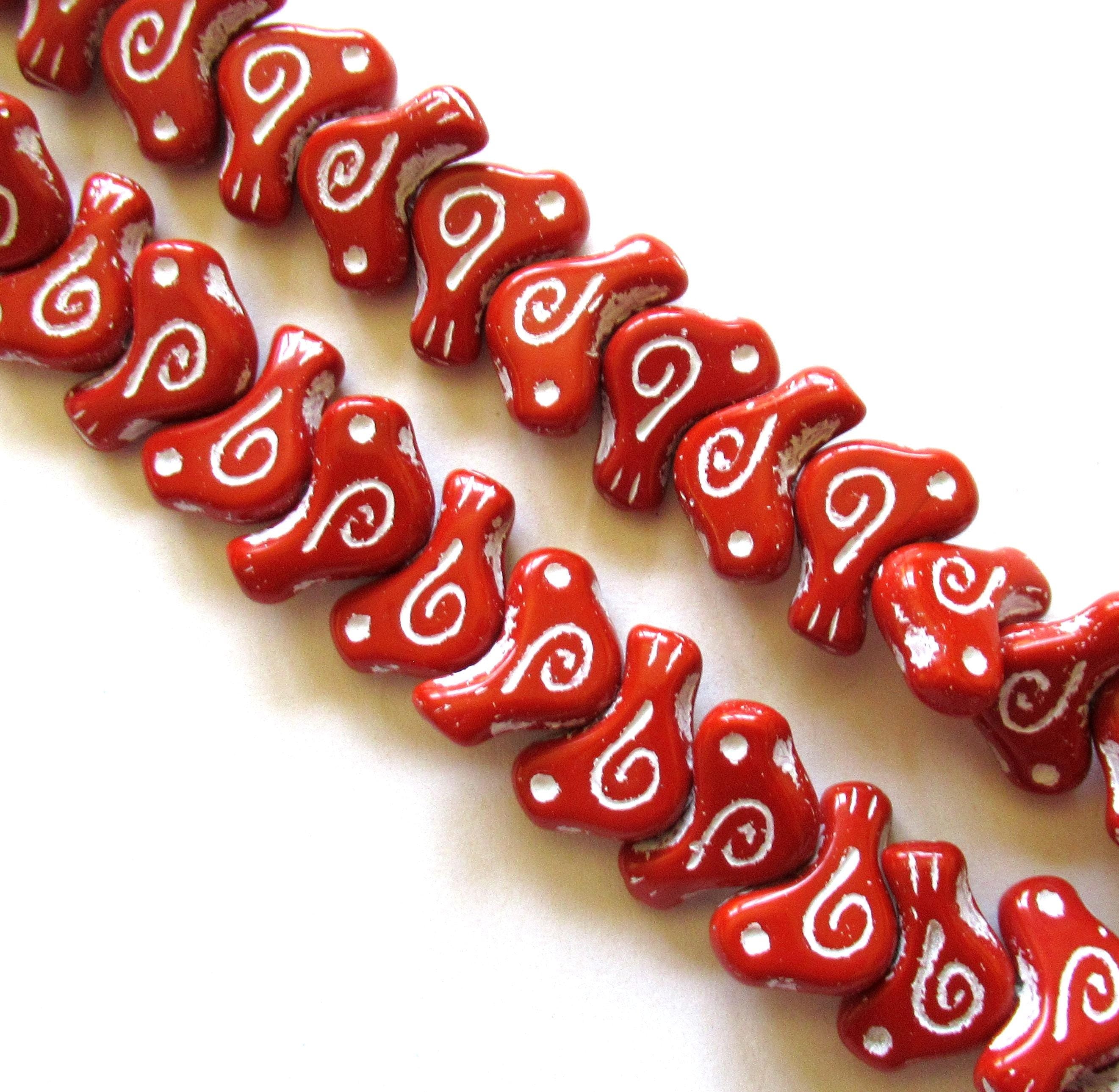 8 Czech glass bird beads - 12 x 16mm - opaque red with a white wash - C0621