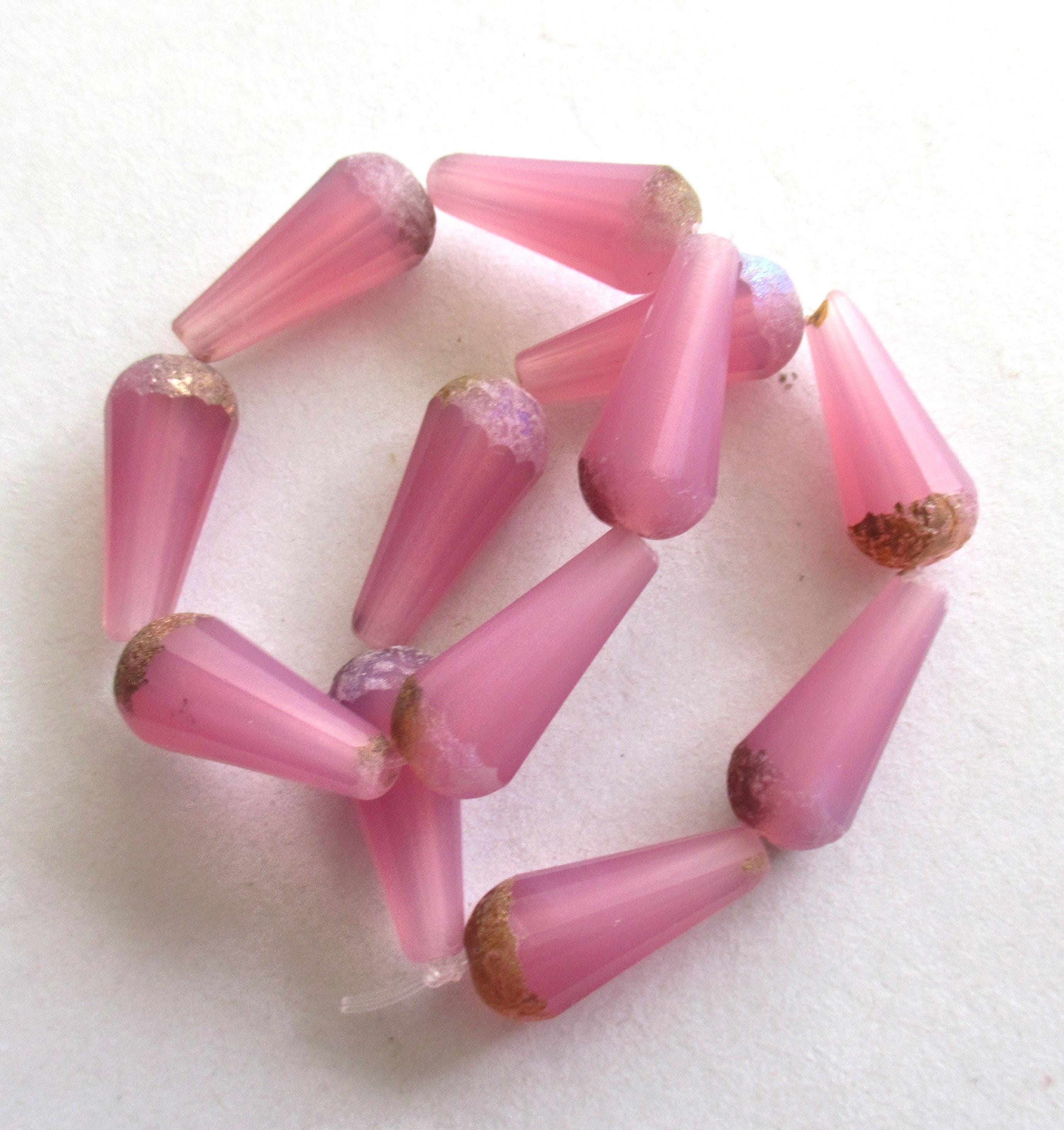Six Czech glass faceted teardrop beads - Matte milky pink opal w/ etched picasso finish on the ends - 9 x 20mm long tear drops 00392